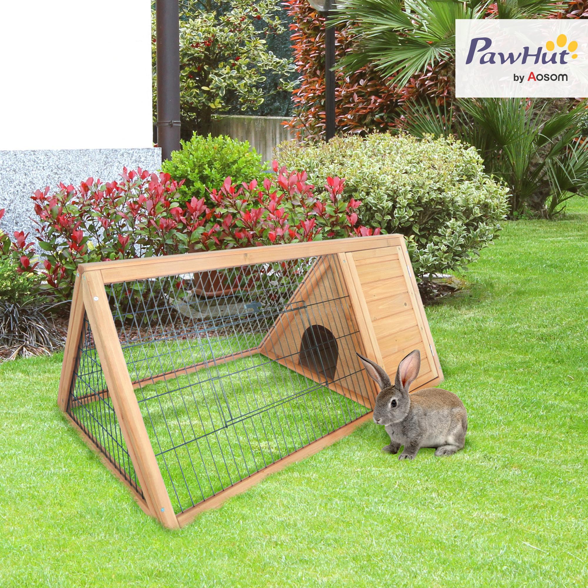 PawHut Conejera de Madera 116x62,2x52,5 cm, Jaula para Conejos Triangular con Rejilla Metálica y Puertas, Madera Natural