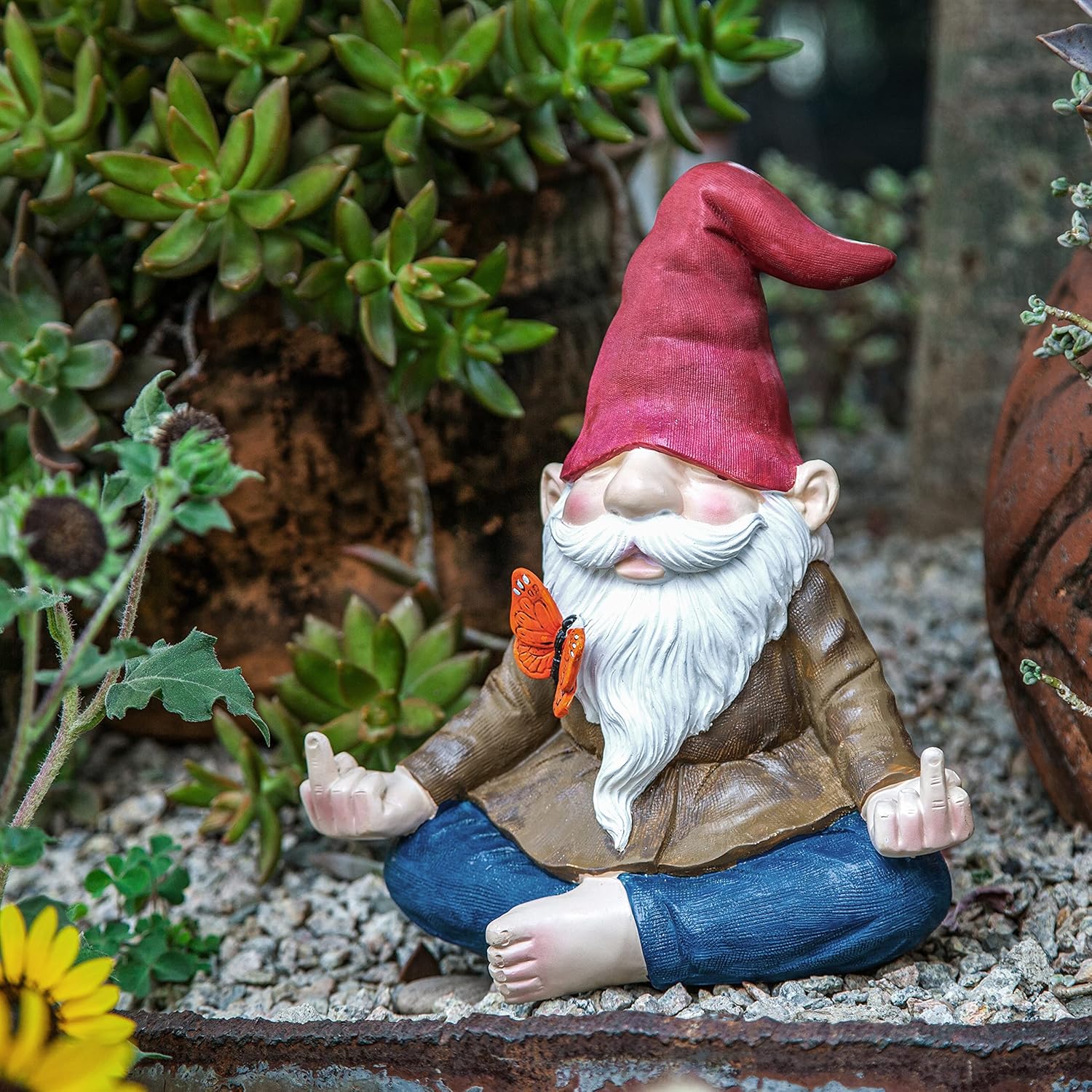 GUTE Large Meditating Zen Garden Gnome Statue Figurine - Middle Finger Angry Namaste, Nomb Statue Decor Ornament for Flowers Lawn, Patio & Yard Art, Sculpture 9.5" Tall (Naughty Meditating)