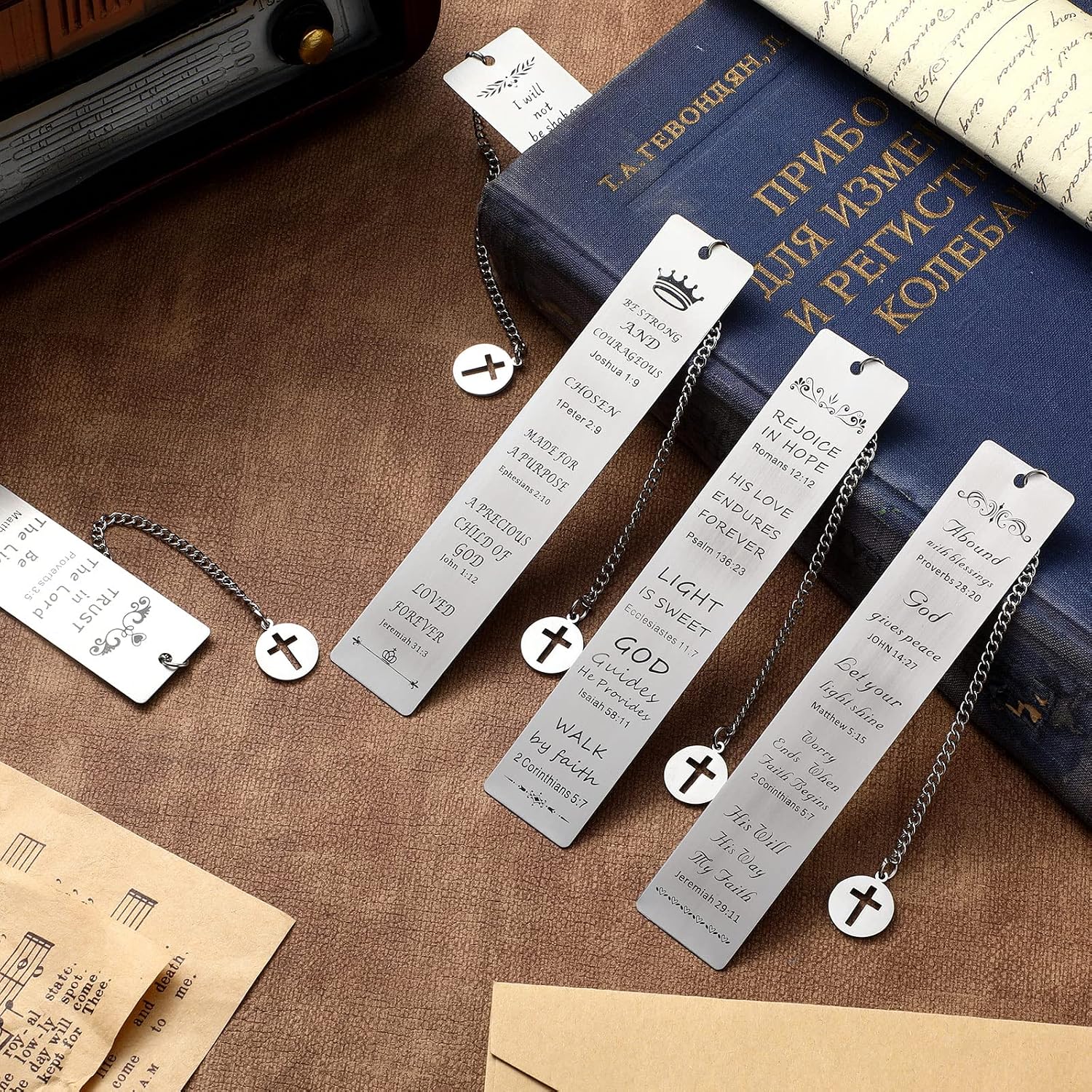 Fainne 5 Pcs Bible Verse Metal Bookmark Christian Gifts for Women Men Baptism Inspirational Religious Bookmarks with Church Cross Chain Scripture for First Communion Book Lovers Christian Gift(Silver)