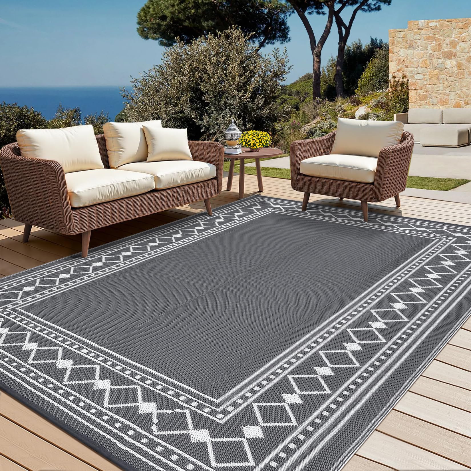 Outdoor Rug Waterproof for Patio, 8x10 Foldable Reversible Plastic Straw Carpet for Travel Trailers, Bordered Outside Area Mat for Rv, Deck, Picnic, Porch, Camper, Balcony, Beach, Grey/White