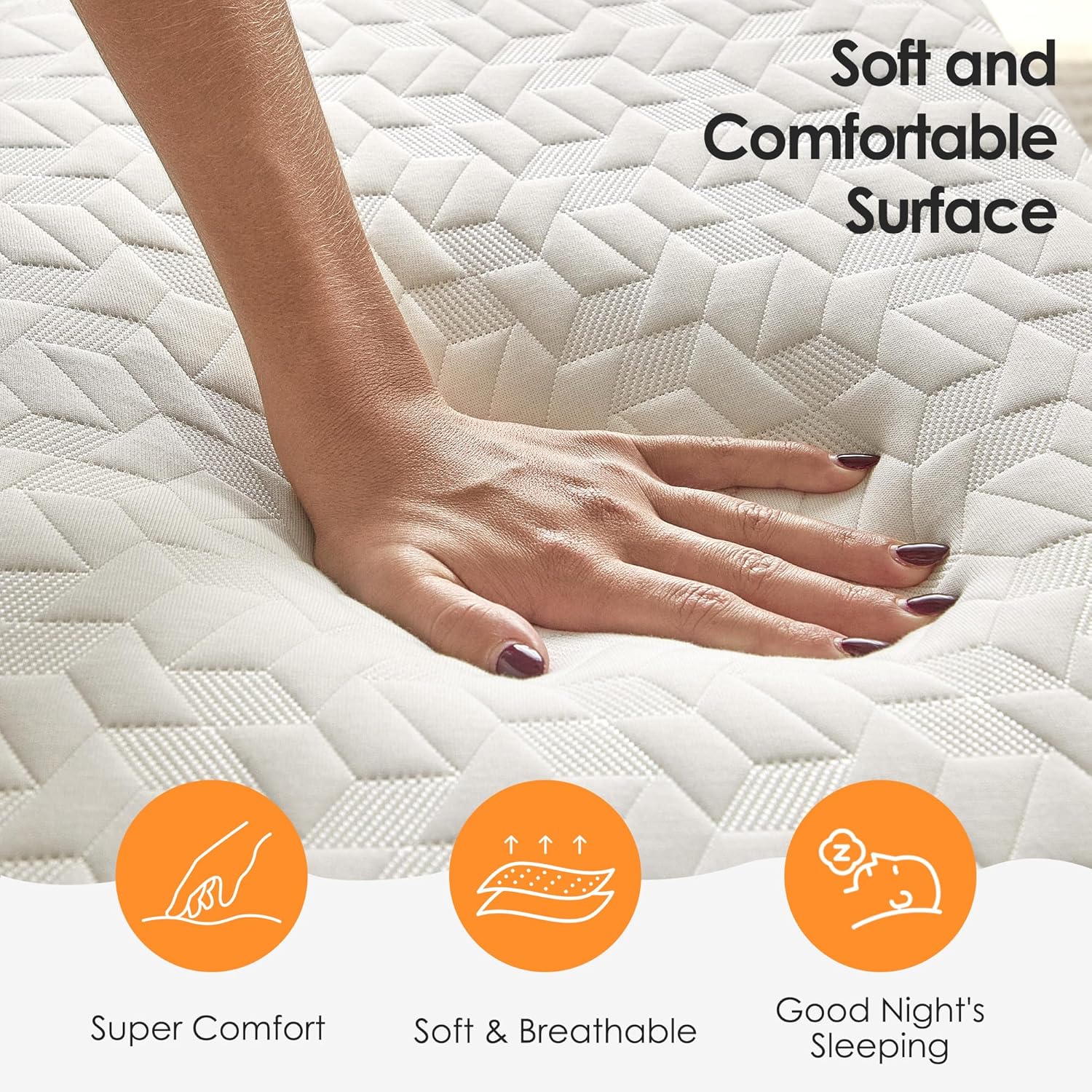 Hand pressing into the soft and comfortable surface of the SDHYL memory foam mattress.