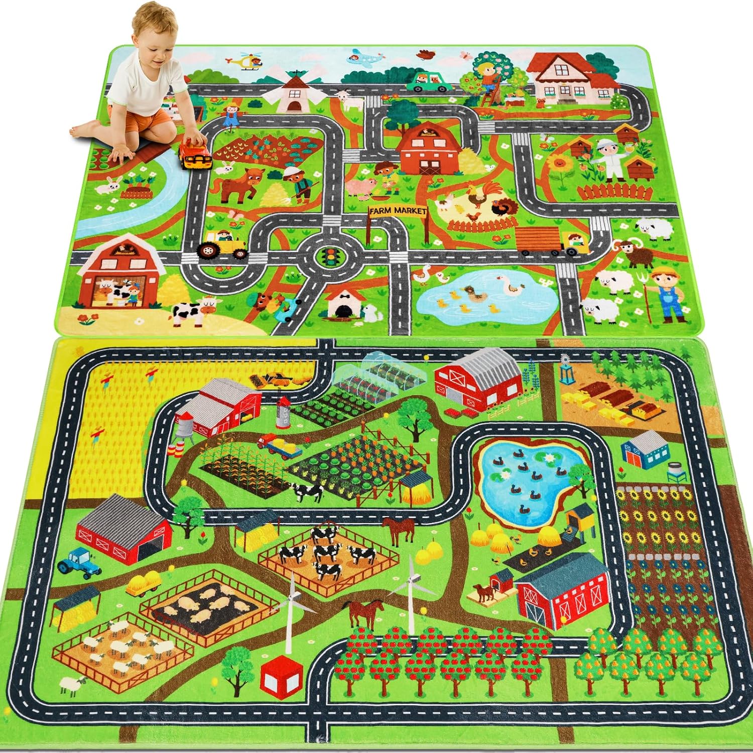 2 Pack Kids Rug for Toy Cars, 39.4"×59" Farm Life 1 + 39.4"×59" Farm Life 2 Road Play Rug for Playroom Village Map Play Mat