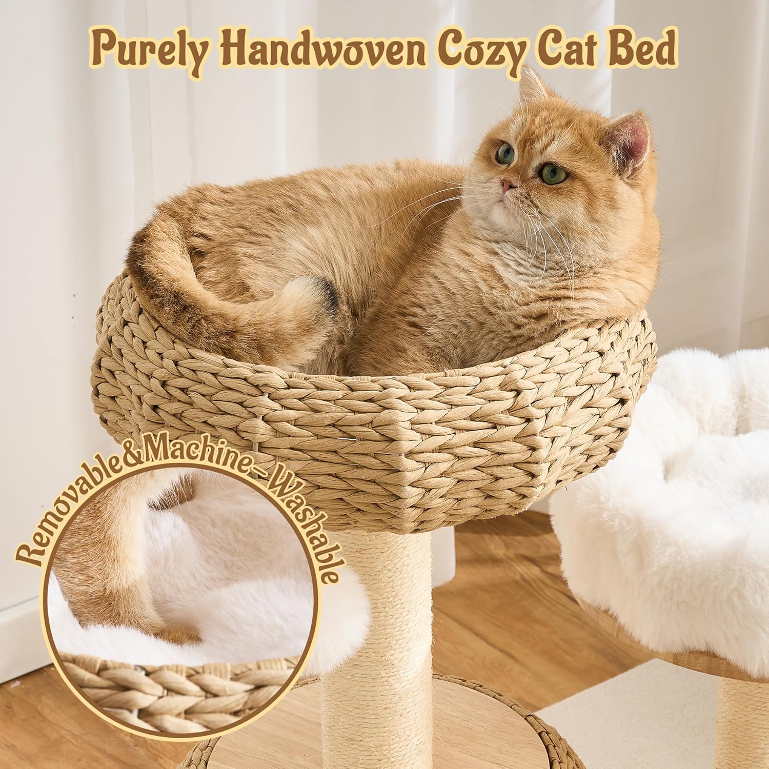 Natural Wood Cat Tree for Indoor Cats Large Adult, 30in H Cat Tree Tower with Super Soft Plush Bed, Hand-Made Wicker Cat Bed Cave, Scratching Posts, Cat Self-Groomer, Dangling Plush Balls