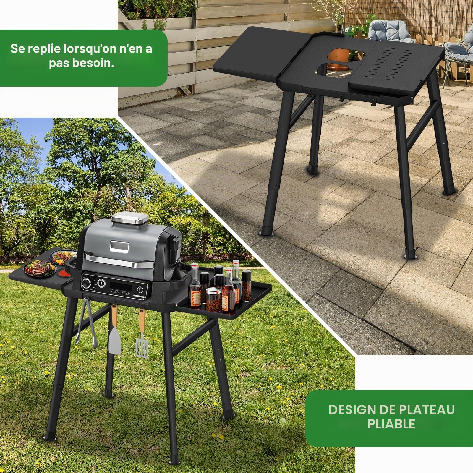 Support de barbecue pour barbecue d'extérieur Ninja Woodfire - Support électrique réglable en hauteur avec double table latérale - Support de four à pizza avec crochets de suspension