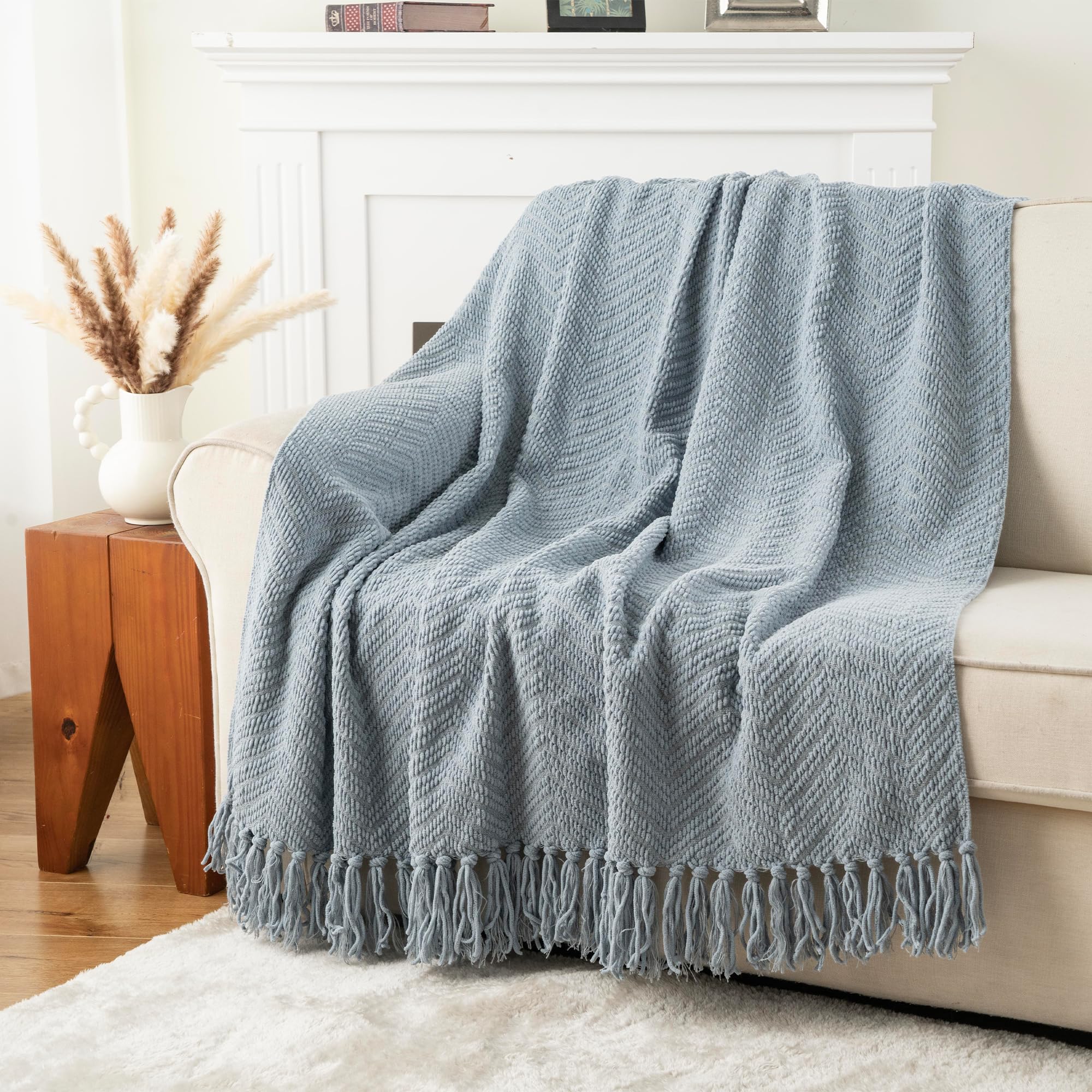 Battilo Bluish Grey Throw Blanket with Tassels, Woven Knitted Throws for Sofa, Chunky Cable Knit Blanket Throw, Soft Warm Cozy Blue Grey Bed Blankets, 127x152cm