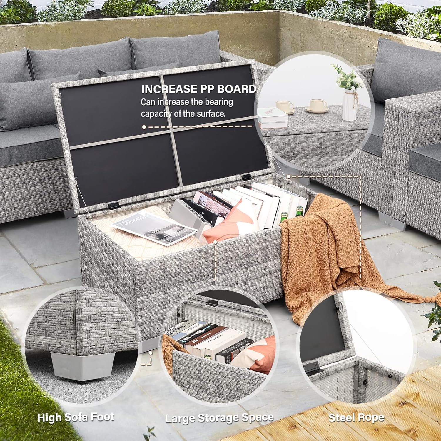 WAROOM Patio Coffee Table PE Wicker Ourdoor Storage Table, All Weather Resin Rattan Table with Storage for Garden Backyard Porch Poolside, Grey