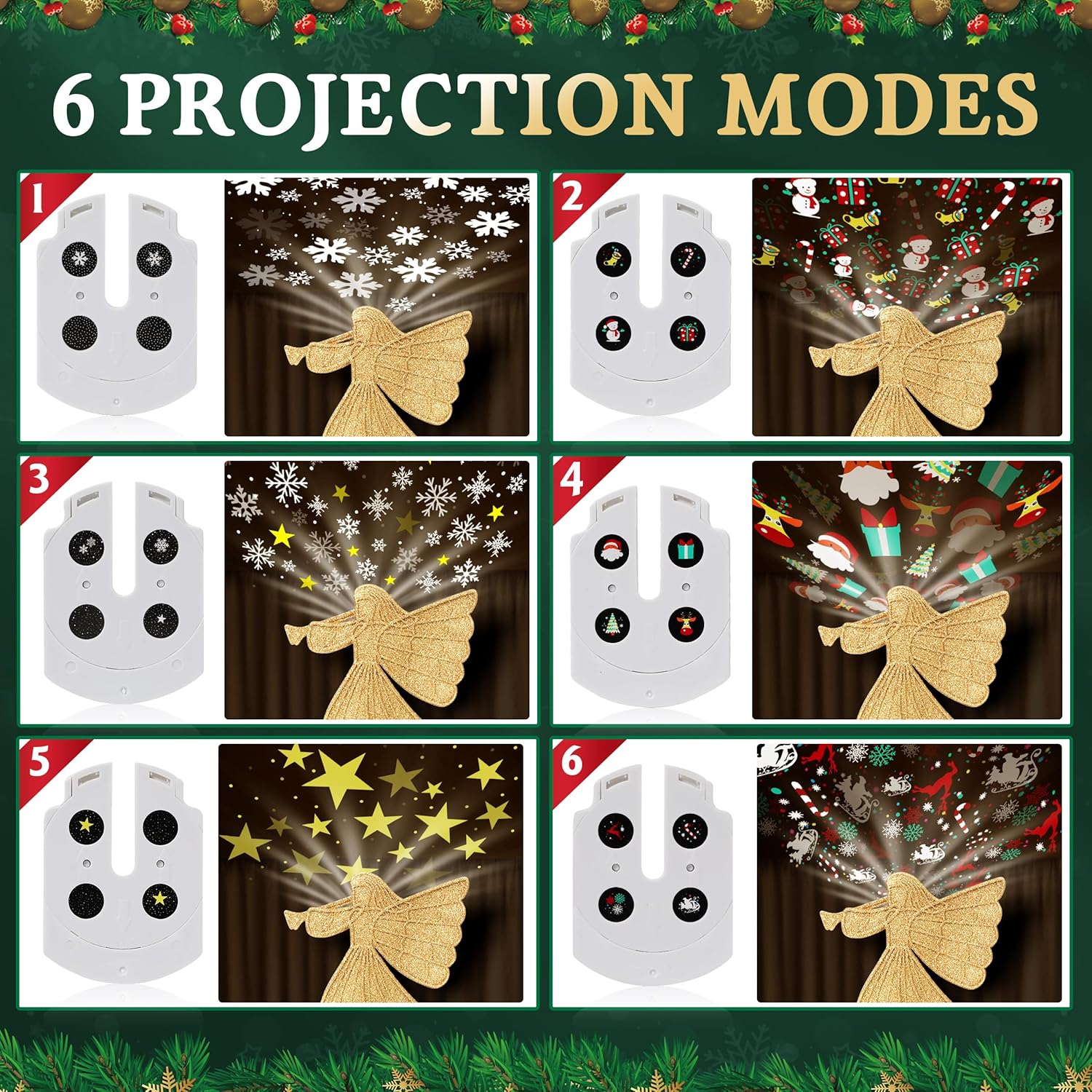 Christmas Tree Topper Lighted with 6 Projection Modes, Gold Christmas Angel Tree Topper Built-in LED Rotating Light, 3D Glitter Projector for Party Holiday Christmas Decoration Gifts