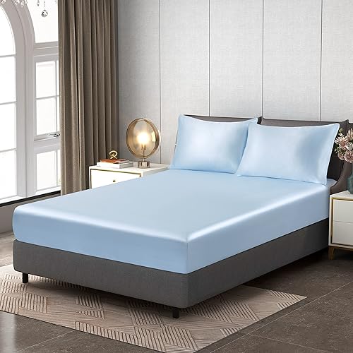 Miniatura 6 de Counfeisly Sábana bajera ajustable de satén de tamaño individual, sedosa y transpirable con bolsillos profundos solamente, color azul bebé