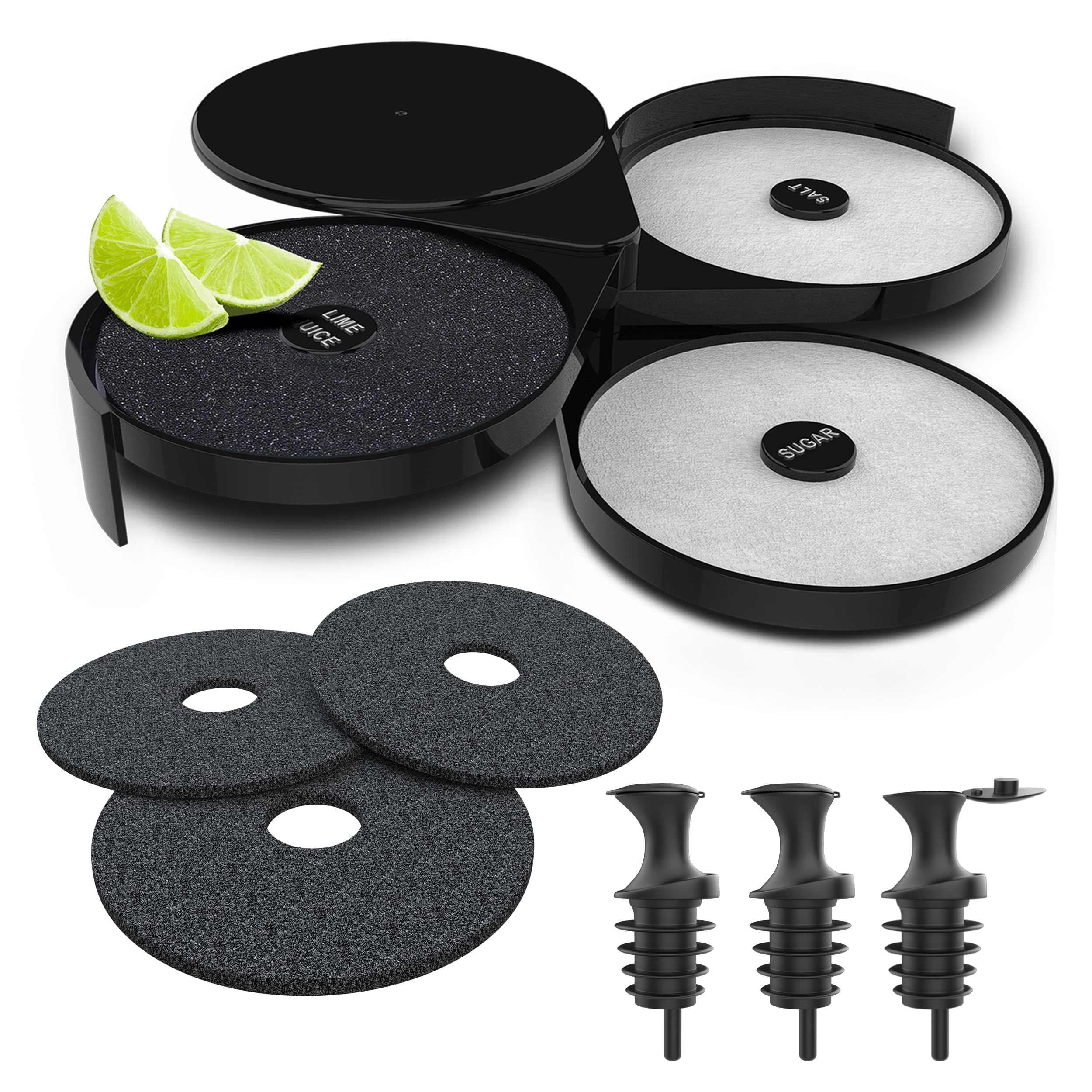 Esatto Glass Salt Rimmer 3 Tier for Margarita Tray and Cocktail, Black with 2 Extra Sponge’s + 3 Pourers – Apply Salt, Sugar, and Lime Juice for Better Drinks and Efficient Drink Preparation