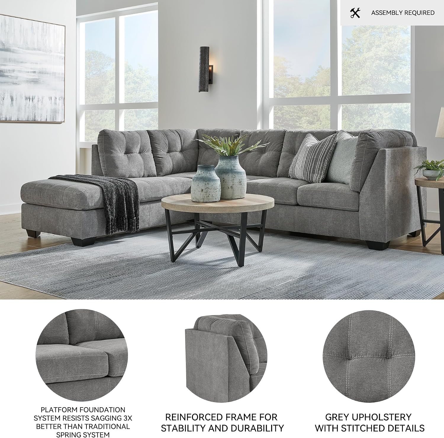 Signature Design by Ashley Marleton Contemporary Left-Arm Facing Tufted 2-Piece Sleeper Sectional with Chaise, Loose Seat Cushions and Bi-Fold Memory Foam Mattress, Full, Light Gray