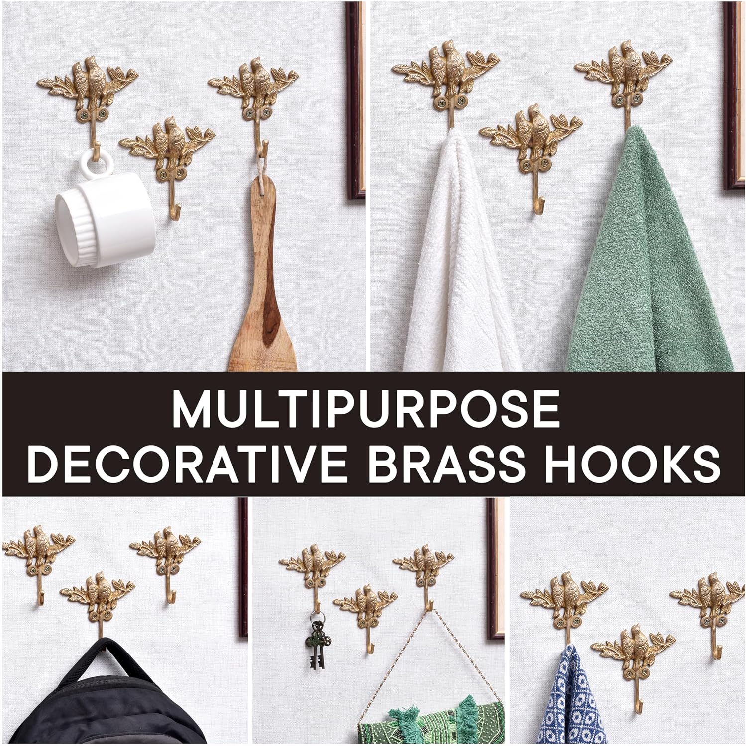 Indian Shelf 33Lb. 3 Piece Vintage Kids Bird Wall Hooks for Hanging Coats, Bags, Backpack, Purse, Hat Coats Gold Decorative Hooks Brass Key Holder