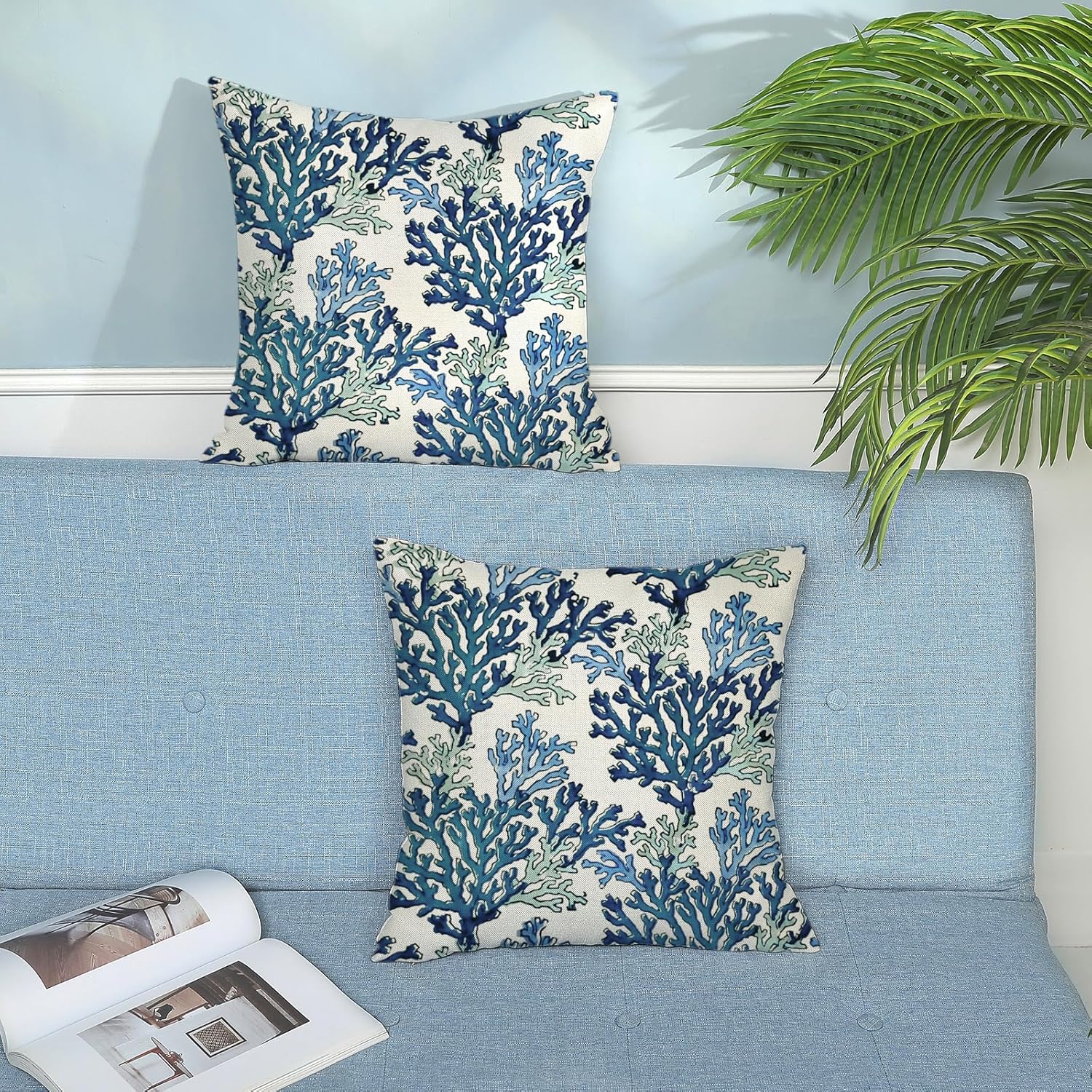 Summer Coastal Pillow Covers 18x18 Pack of 2 Navy Blue Coral Throw Pillow Cover Coral Branch Ocean Themed Beach Decor Pillowcase Beachy Nautical Cushion Case for Sofa Couch Outdoor Decor - Image 3