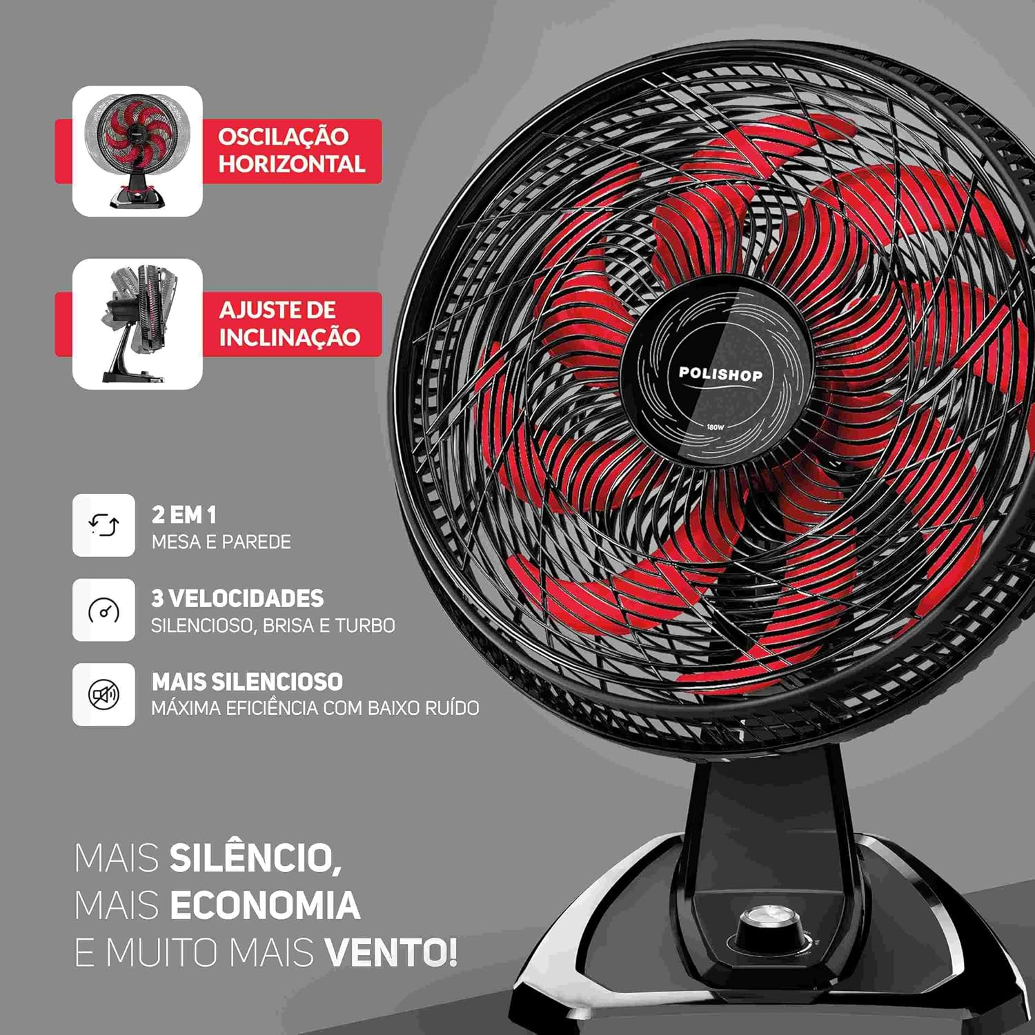 POLISHOP Ventilador de Mesa e Parede 2 em 1 180W com 8 Pás e 3 Velocidades (110, Volts)