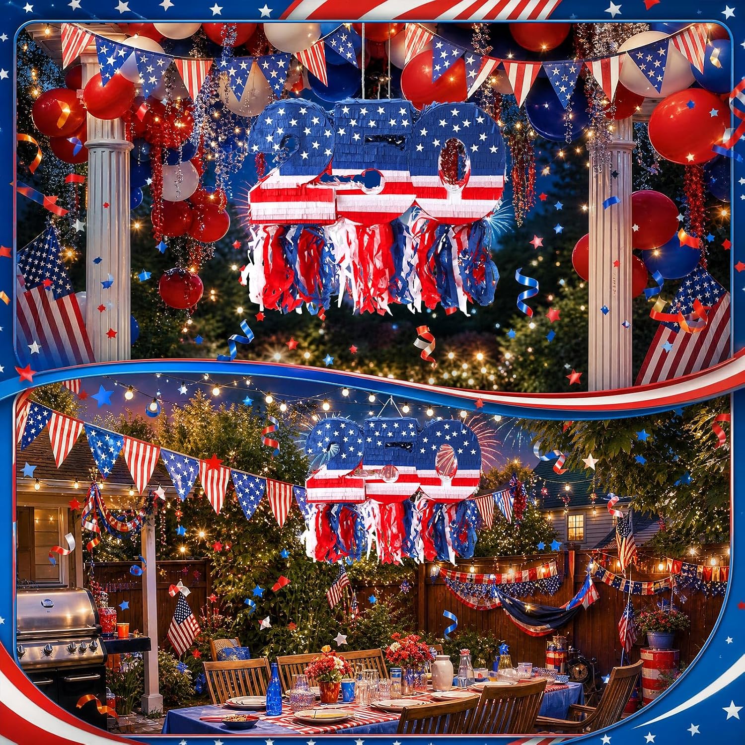 250th Number Patriotic Piñata Set Red White Blue American Flag 22in Piñata with Stick Blindfold Confetti for 250 Summer Pool USA Party Decor