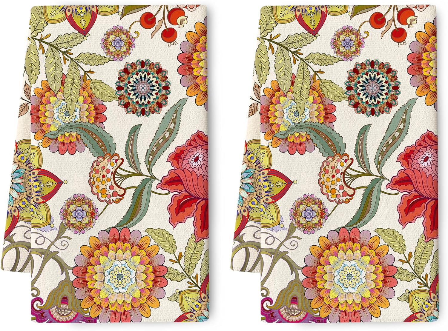 Boho Floral Kitchen Towel Decorative Set of 2 Soft Absorbent Colorful Flower Hand Tea Dish Towels for Kitchen Drying Bar Farmhouse Bathroom Home Decorations Housewarming Gifts 16"x24"