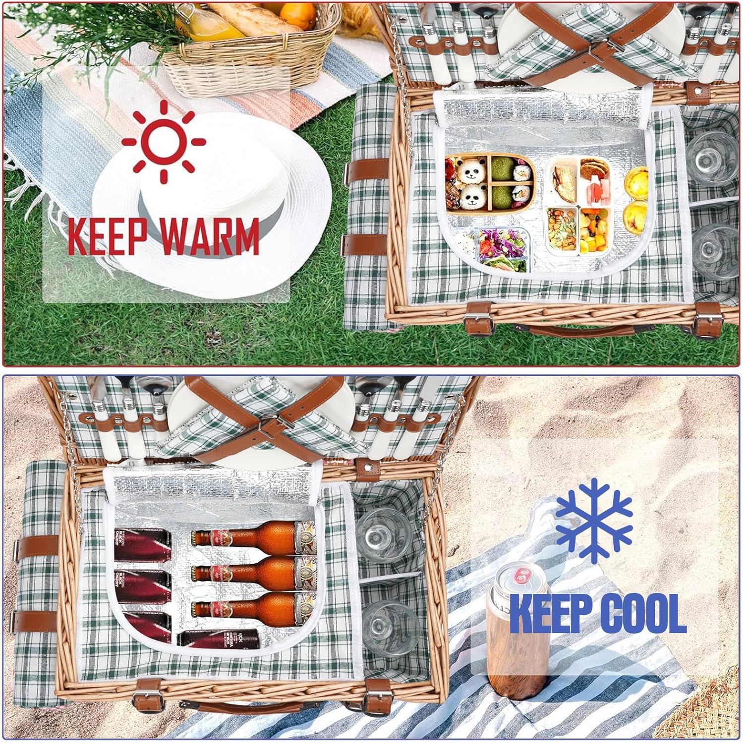 Wicker Picnic Basket Set for 2 Persons with Waterproof Picnic Blanket and Large Insulated Cooler Compartment, Willow Picnic Hamper Basket with Cutlery Service Kits for Camping, Wedding (Red)