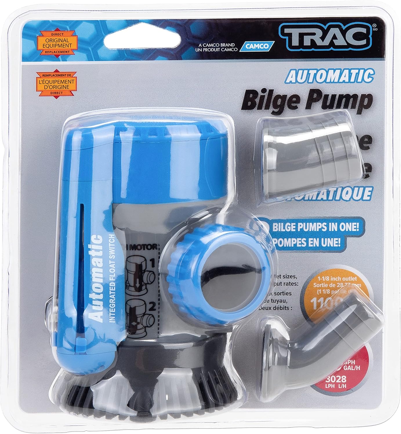 TRAC-Outdoor Products Automatic Bilge Pump, 800/1100 GPH, 3/4" & 1-1/8" Outlet - Designed for Easy Installation and Retrofitting - Ideal for All Watercraft (69311) (3004.7234)