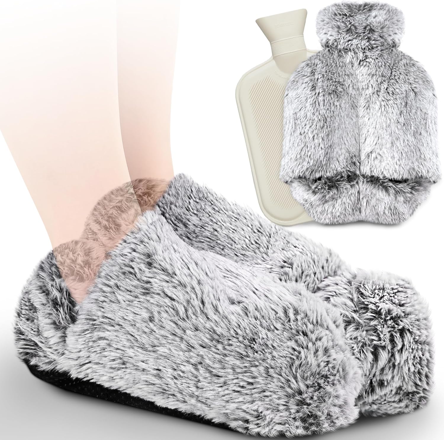 obqo Foot Hot Water Bottle with Cosy Fluffy Cover, Natural Rubber Hot