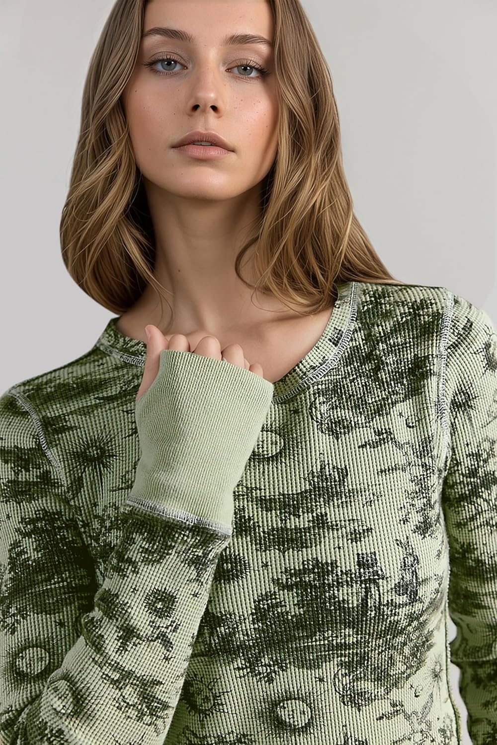 Women Waffle Knit Floral Printed Shirts Crew Neck Long Sleeve Slim Fit T Shirt Causal Going Out Tops with Thumb Hole - Image 4