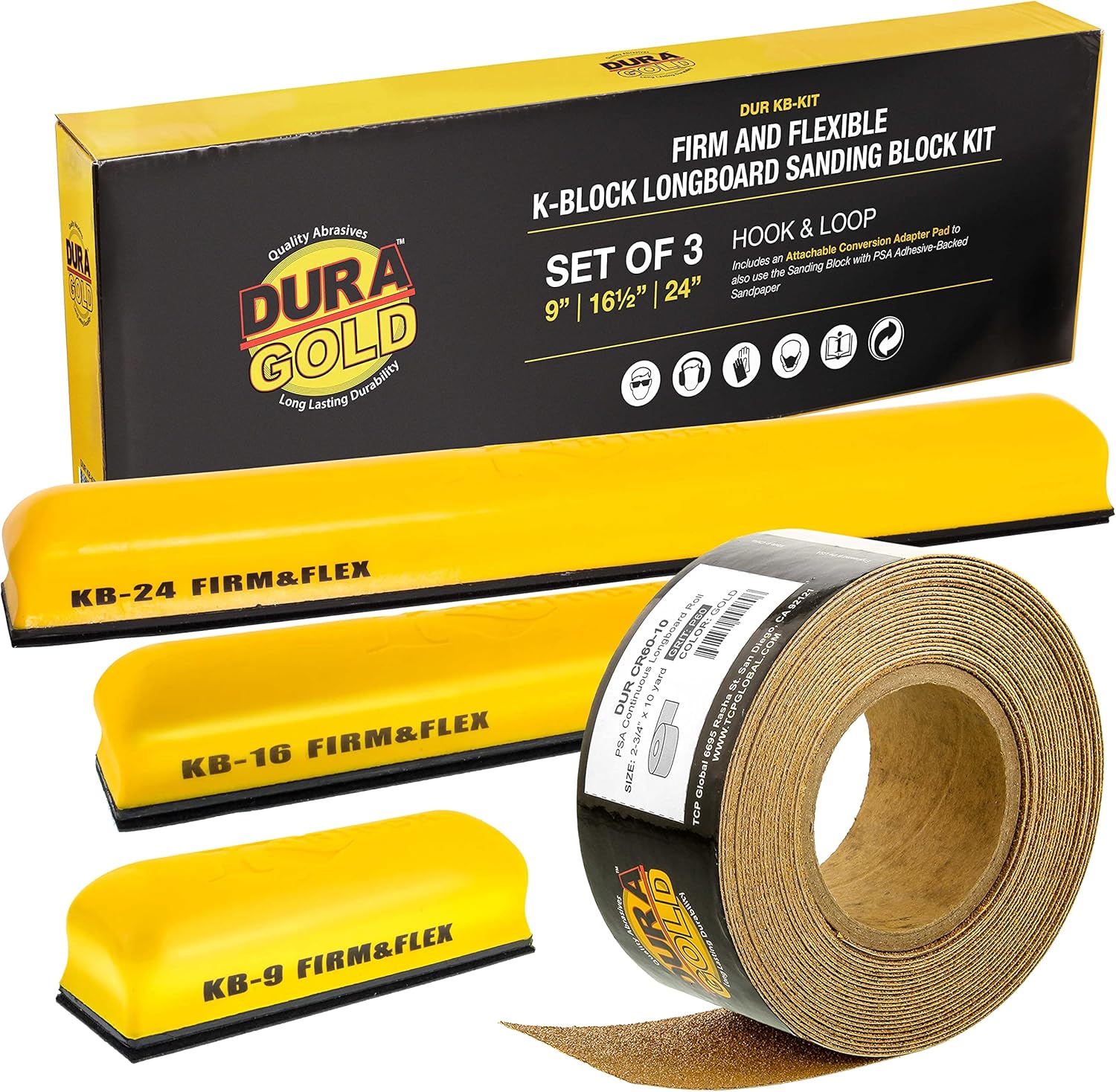 Dura-Gold Pro Series K-Block Sander Firm & Flex Hand Sanding Block Kit with Hook & Loop Backing and PSA Adapter Pad & 60 Grit Sandpaper Roll