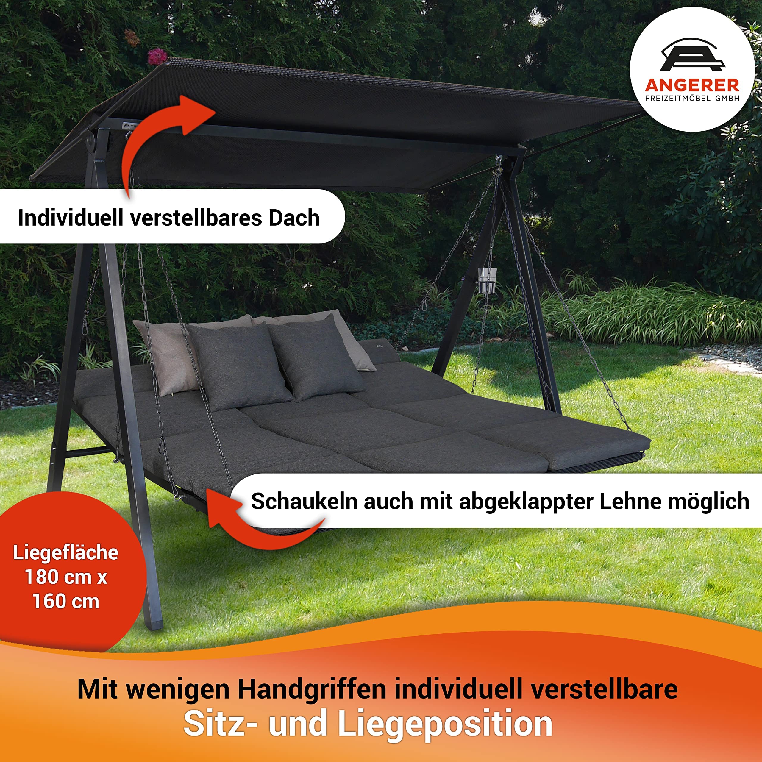 Angerer Hollywoodschaukel Lounge - Gartenschaukel Made in Germany - Schaukel zum Sitzen, Liegen und Entspannen - inklusive Bett-Funktion & Getränkehalter 4-Kant grau Becher durchsichtig