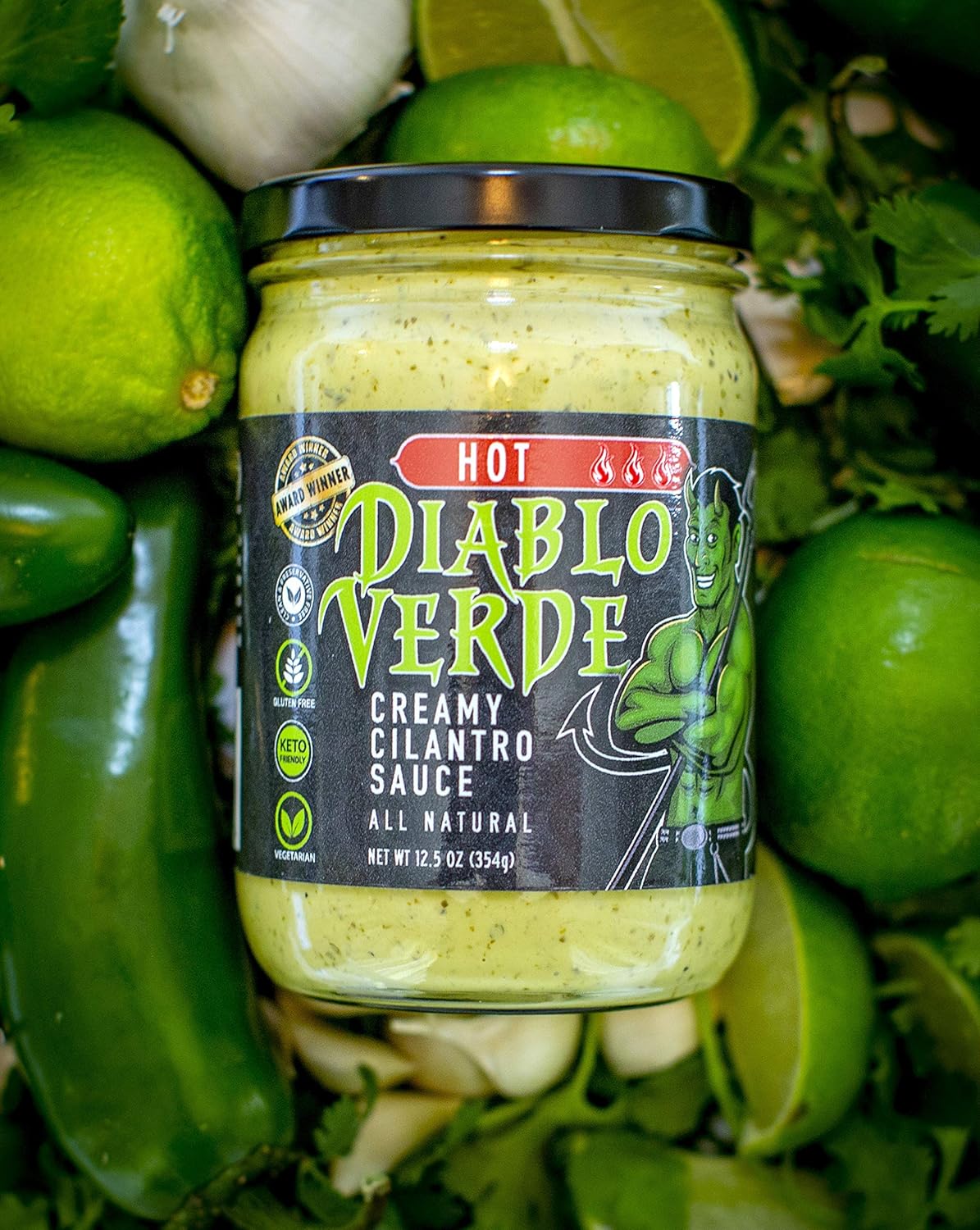 Diablo Verde Salsa, Award Winning Creamy Cilantro Sauce, Hot Heat Level, 12.5 oz bottle, Made with Cilantro, Garlic, Lime, Jalapeño Peppers, Vegetarian, Preservative-free, Soy-free, Egg-free (6-pack)
