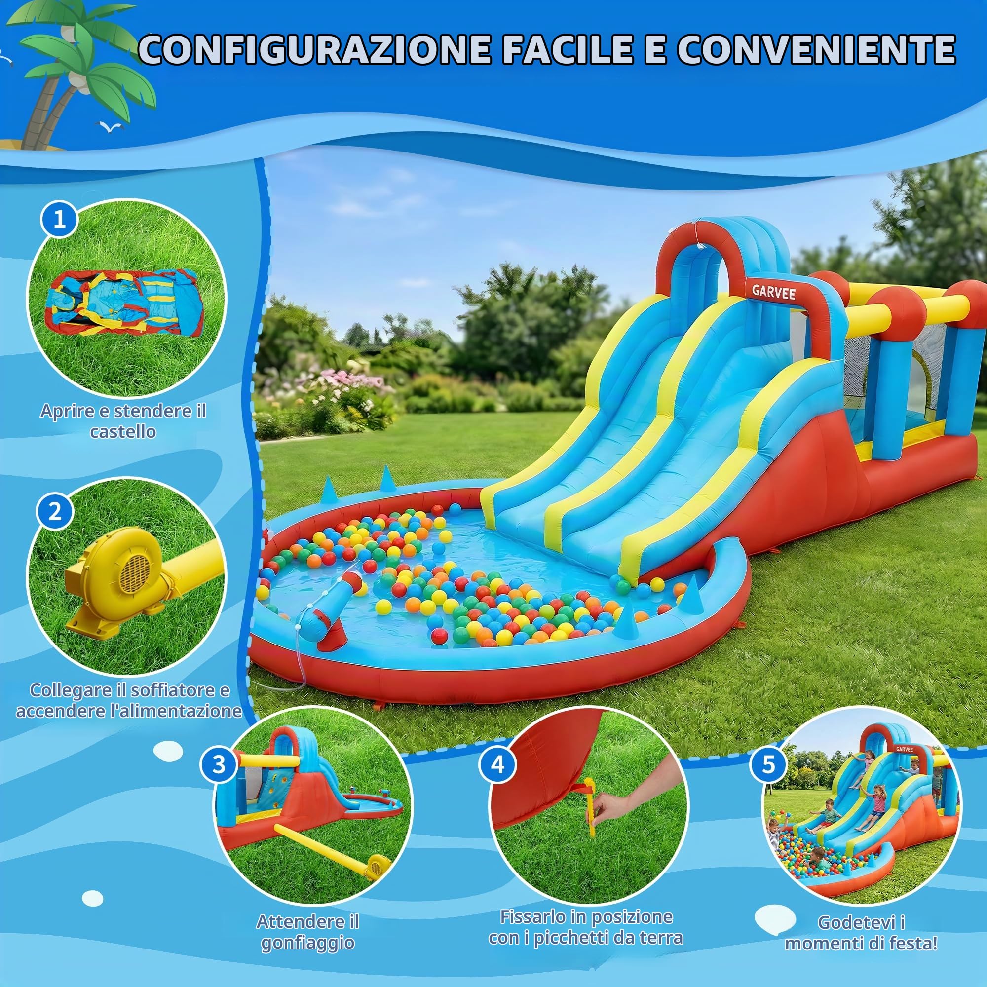 Castello Gonfiabile per Bambini Parco Acquatico Con uno scivolo e una piscina, Castello Gonfiabile Gioco d'Acqua 710 x 315 x 220 cm Capacità di Peso max. Grande Castello Gonfiabile per Bambini 3-12