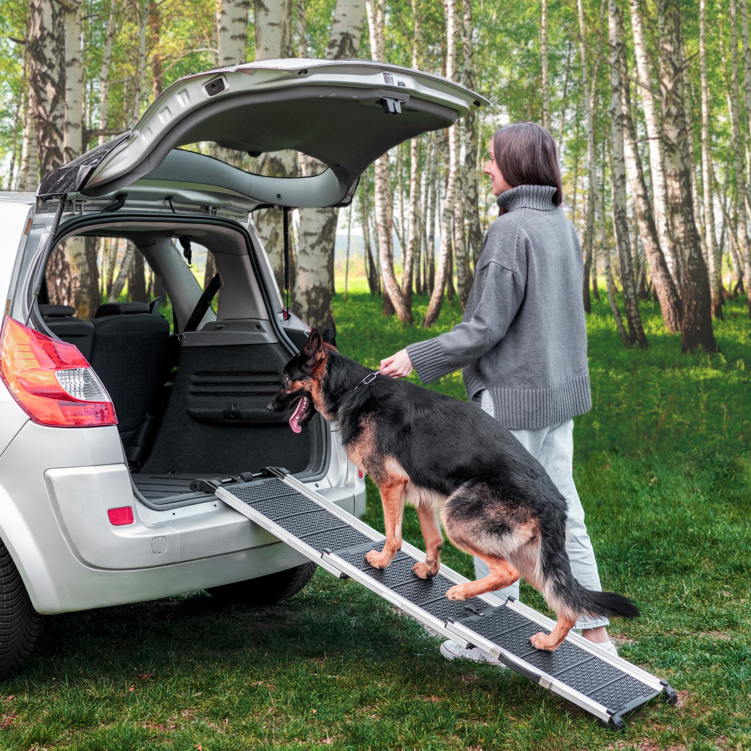 Rampa per Cani per Auto, SUV – Rampe Telescopiche Estensibili per Cani di Grossa Taglia – STABILI – ANTISCIVOLO – Sicurezza Notturna Lati Riflettenti – Capacità 90 kg – Clip di Bloccaggio – Nero