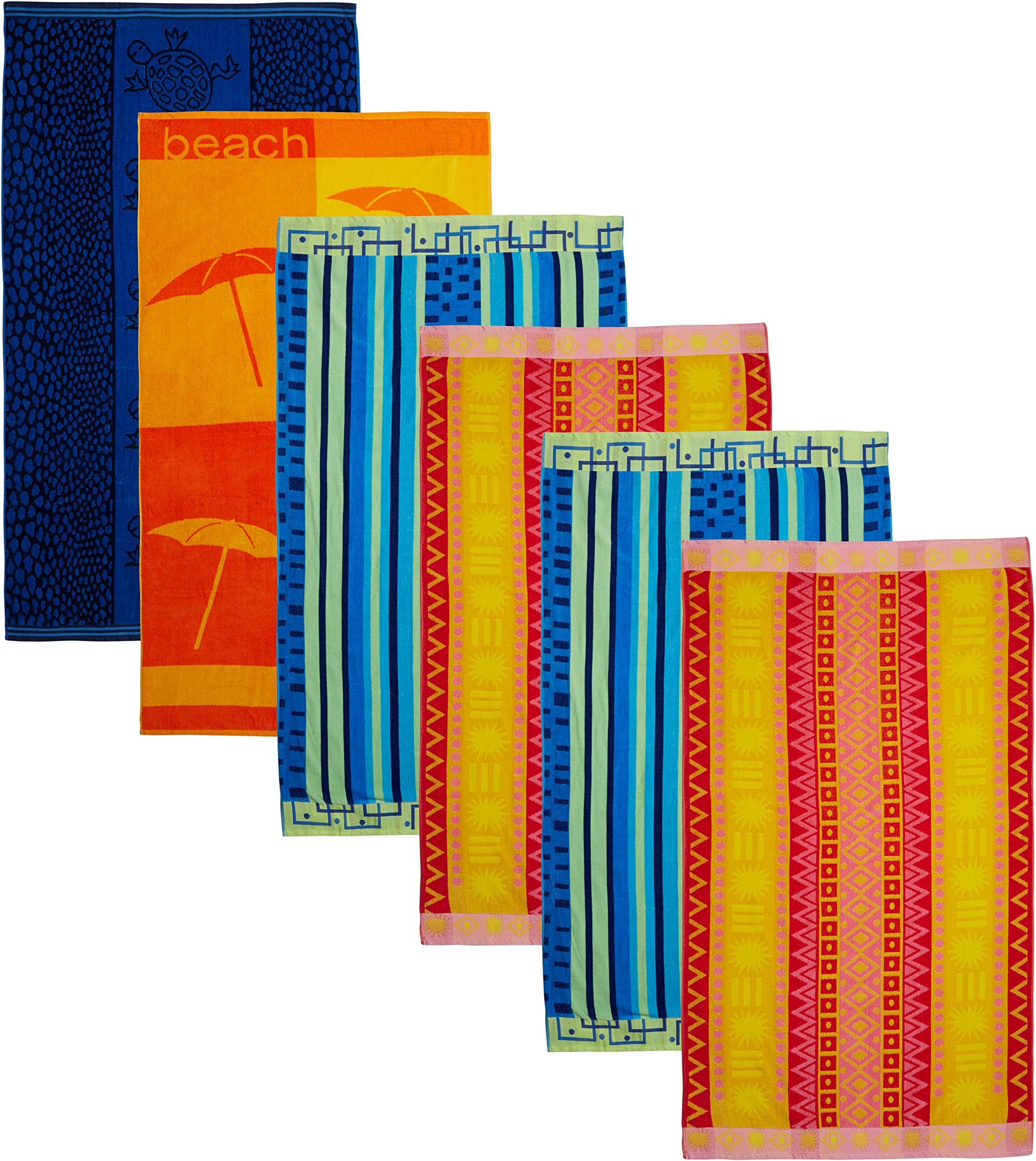 Velour Double Jacquard Beach Towel, 38 x 68, Set of 6 Assorted