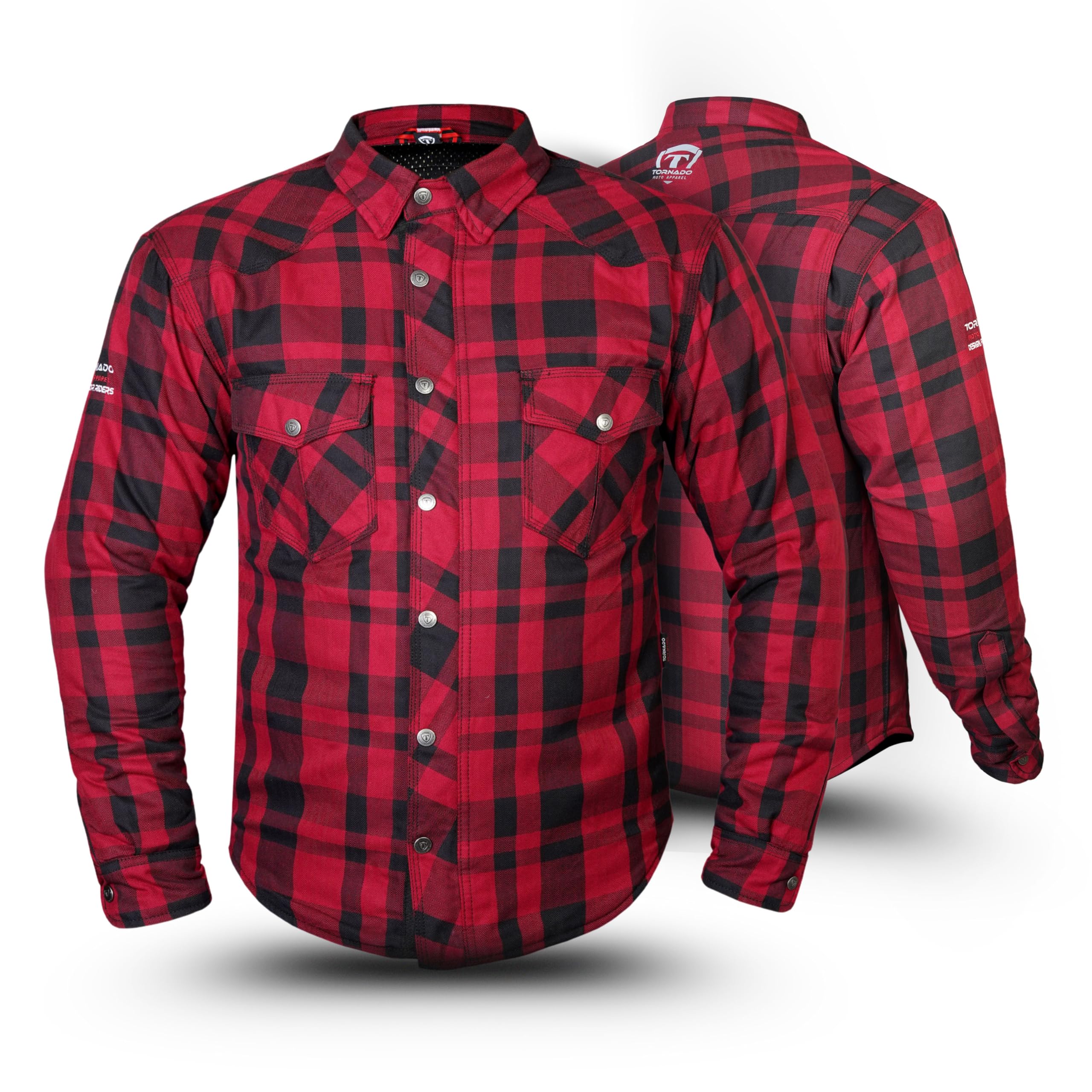 Tornado Men’s Motorcycle Shirt – CE AA Rated Cotton Flannel Riding Shirt – Removable CE Level 2 Pads (UK, Alpha, XXL, Regular, Regular, Red)