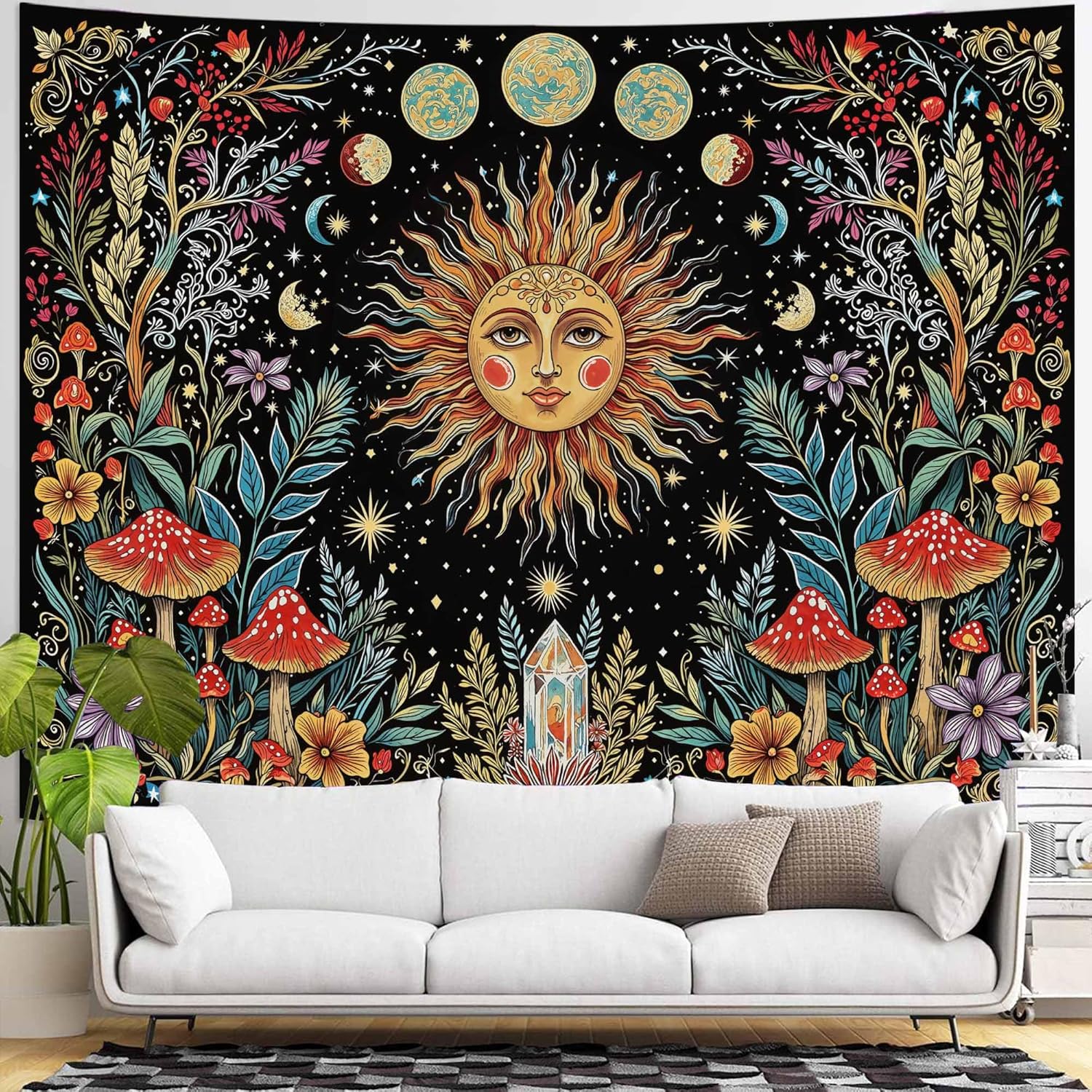 Accnicc Boho Sun and Moon Tapestry Hippie Mushroom Floral Tapestry for Bedroom Aesthetic Vintage Plant Celestial Spiritual Extra Large Tapestries Wall Hanging for Dorm Living Room Decor 90 x 68 Inch