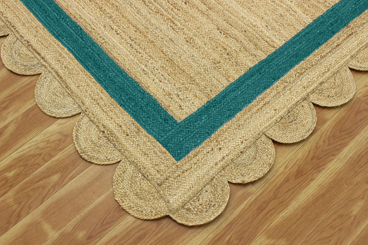 Collection Scalloped Runner Rug - 4x20 Green & Beige Scallop Edge Braided Jute Geometric Kilim Indoor Outdoor Use Carpet Flatweave Rugs for Home Foyer Corridor Hallway