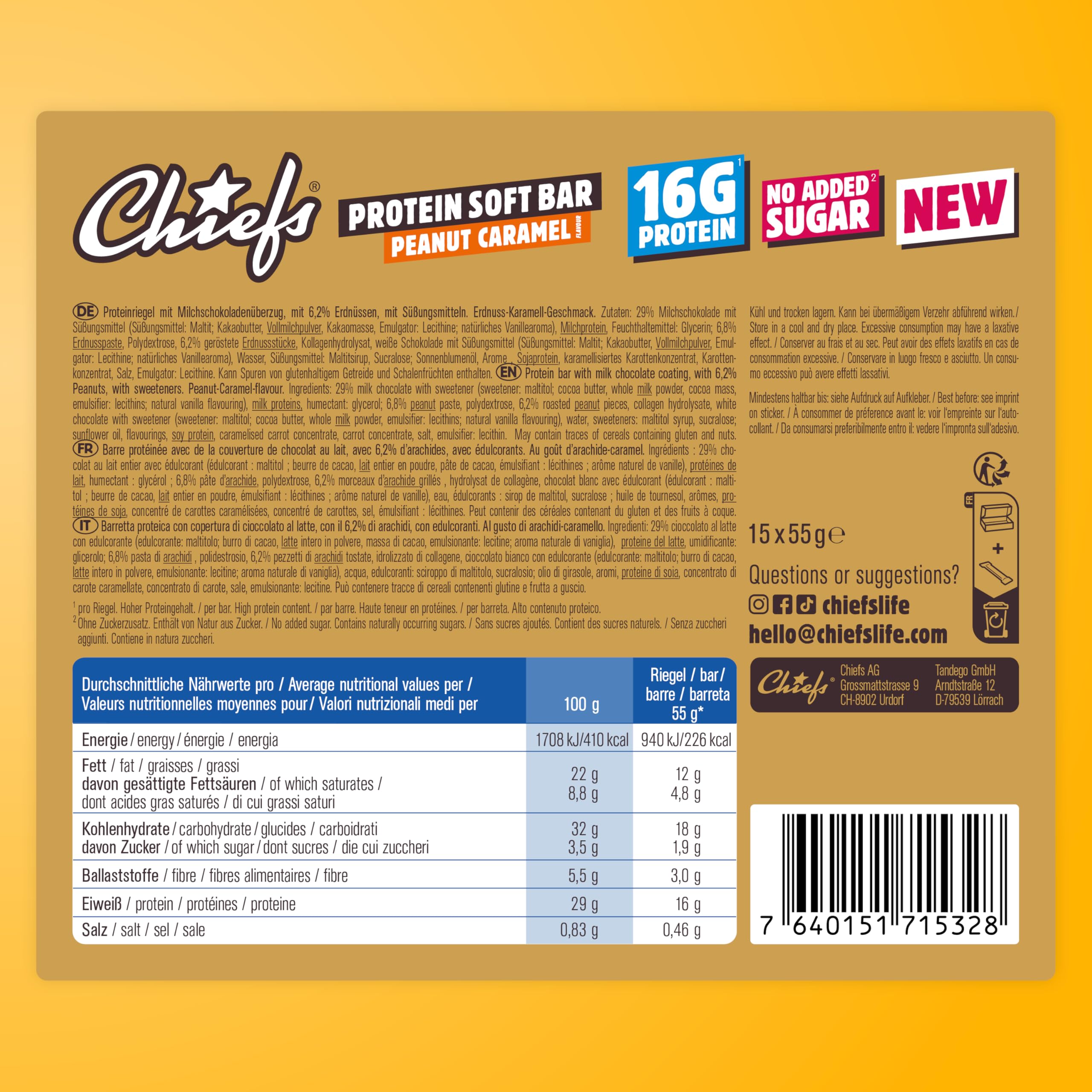 CHIEFS Soft Protein Riegel - 15er Box, High Protein Bar - Ohne Zuckerzusatz & kein Palmöl - Peanut Karamell - Fitness Snack - 15x55gr Eiweißriegel