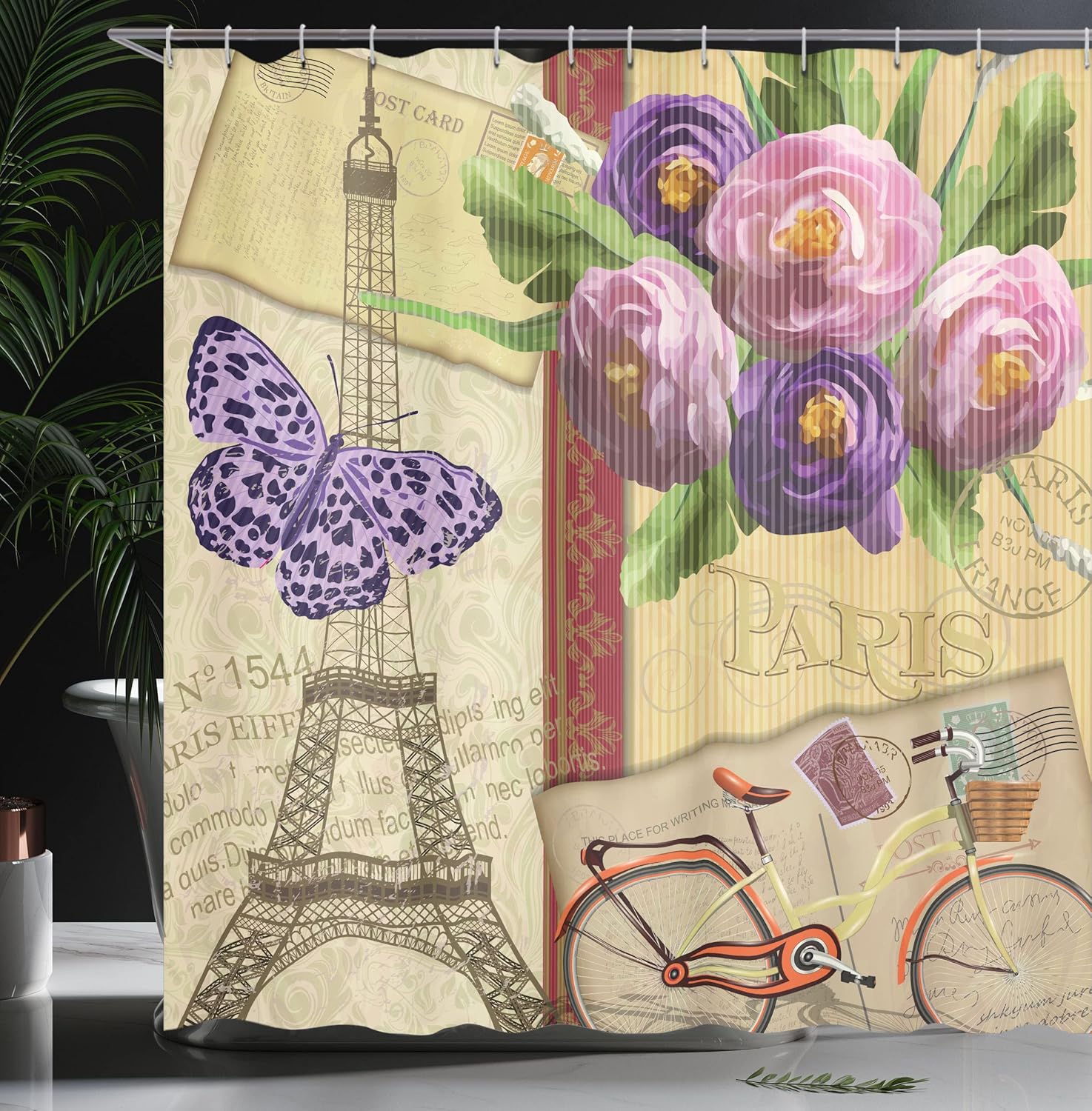 Ambesonne Paris Shower Curtain, Famous French Landmark Eiffel Tower Postcards with Abstract Striped Backdrop Print, Cloth Fabric Bathroom Decor Set with Hooks, 69" W x 70" L, Multicolor Redwood Purple