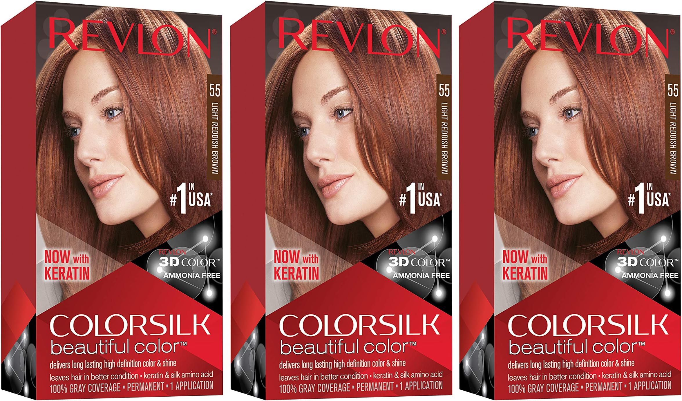 Revlon Permanent Hair Color, Permanent Hair Dye, Colorsilk with 100% Gray Coverage, Ammonia-Free, Keratin and Amino Acids, 55 Light Reddish Brown, 4.4 Oz (Pack of 3)