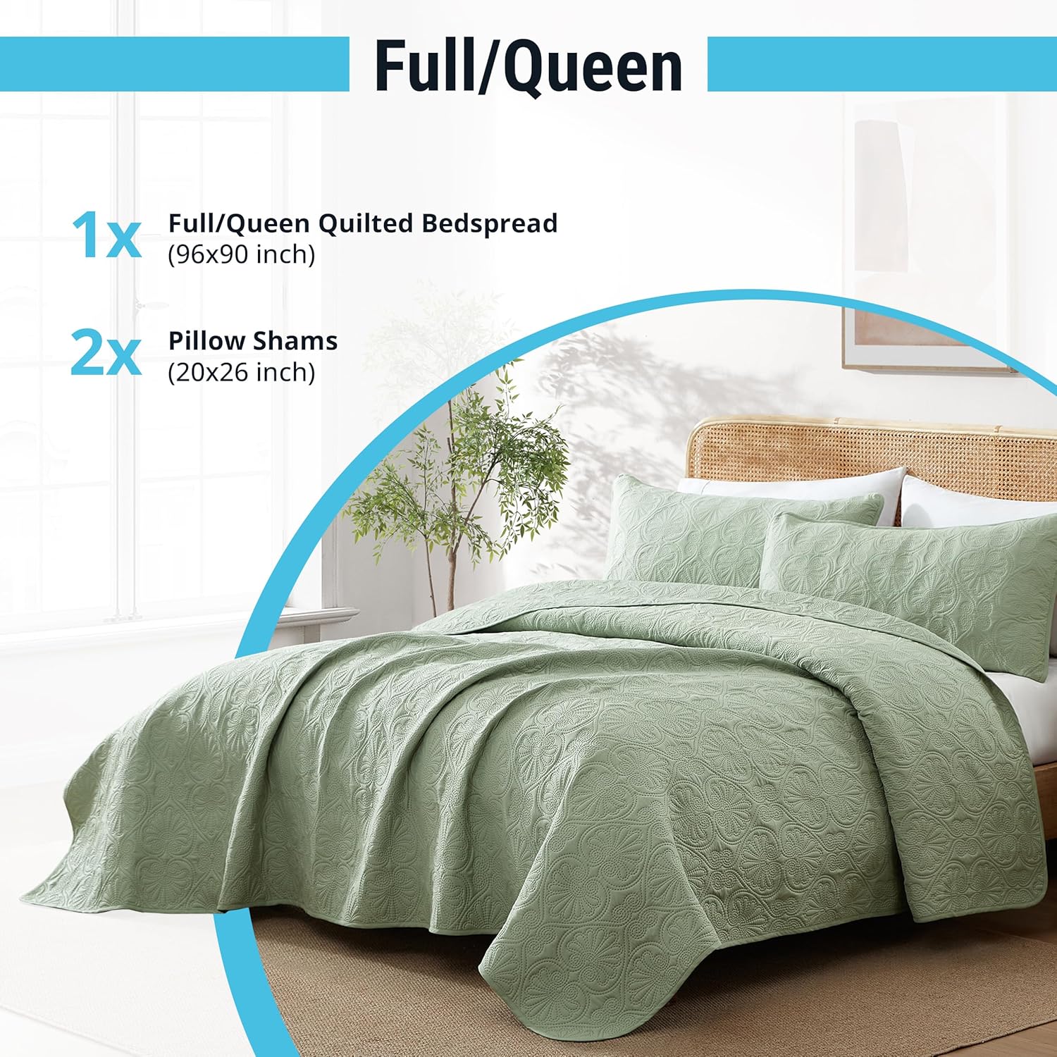 HLC.ME Benji - 3 Piece Full Queen Size Quilt Set, Lightweight Queen Bedspread Coverlet Set (Full/Queen, Sage Green) - Image 3