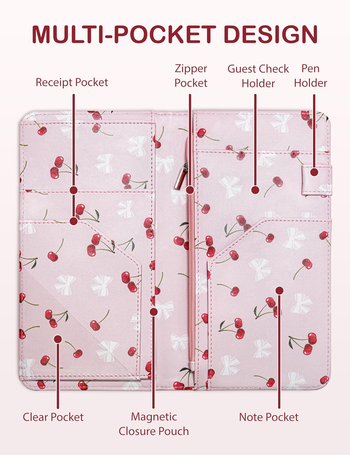 Zreal Cute Server Book for Waitress, Waiter Book with Zipper and Magnetic Pocket, Cherry & Bow Print Serving Book for Waitstaff in Restaurants, Leather Waitstaff Organizer Fits Server Aprons(Pink)
