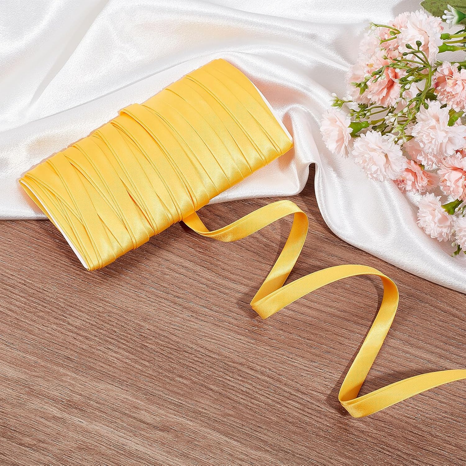 NICENEEDED 10 Yards Yellow Polyester Satin Bias Tape, Double Fold Satin Binding Bias Ribbon, Perfect for DIY Projects and Cheongsam Decoration