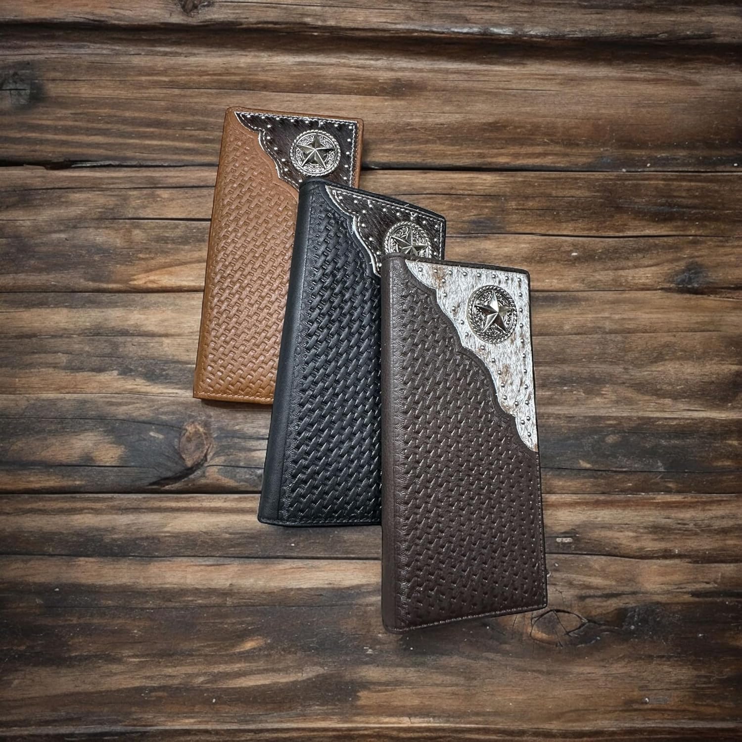 Men’s Long Leather Wallet – Basketweave Rodeo Bifold with Hair-On Cowhide and Lone Star Concho – Cowboy Checkbook Wallet for Ranchers & Texas Western Gifts - Image 6