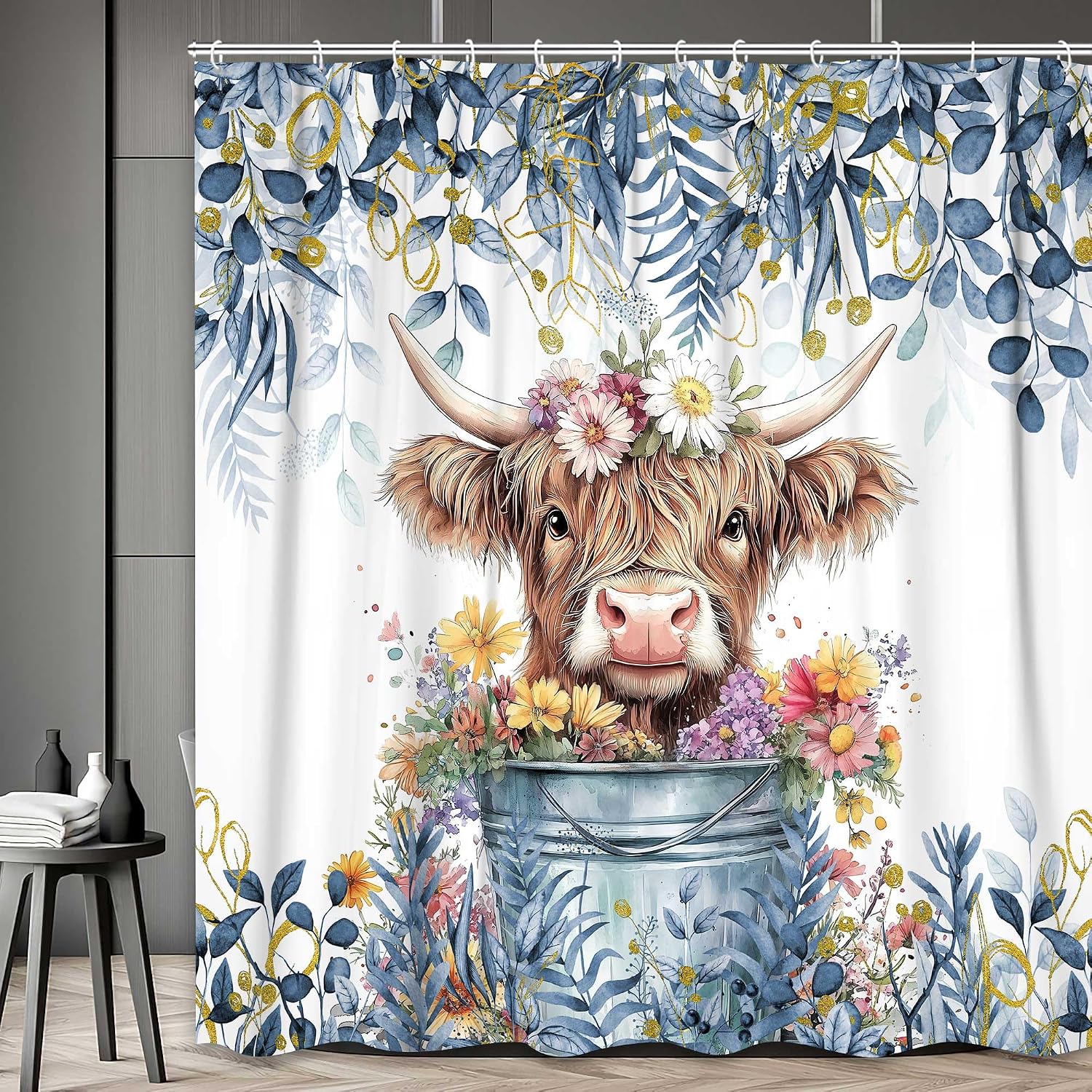 Blue Shower Curtain, Watercolor Plant Eucalyptus Leaves with Floral Farmhouse Highland Cow Bath Curtain, Funny Animals Bathroom Accessories Botanical for Bathroom Curtain Set with Hooks, 48X70in image 4