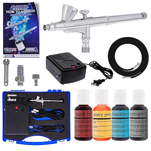 Master Airbrush Kit de sistema de aerografía para decoración de pasteles con un juego de 4 colores de alimentos Chefmaster, aerógrafo de doble