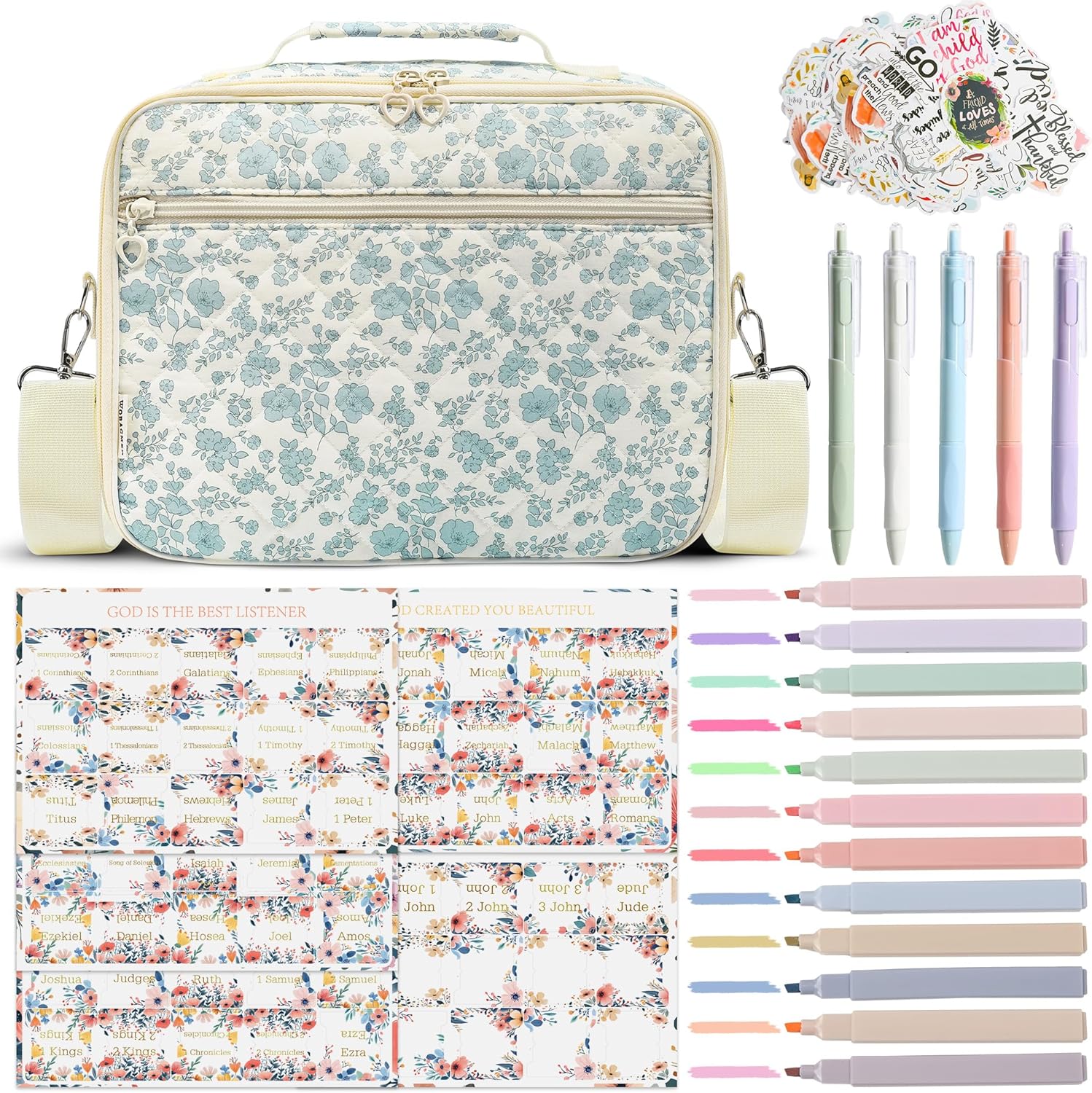 WOBAGMEN Bible Cover Case for Women,Large Quilted Bible Bag with Study Supplies,Stylish Church Bag Bible Journaling Kit,Mothers Day Christian Gifts for Women (Blue Small Floral, M)