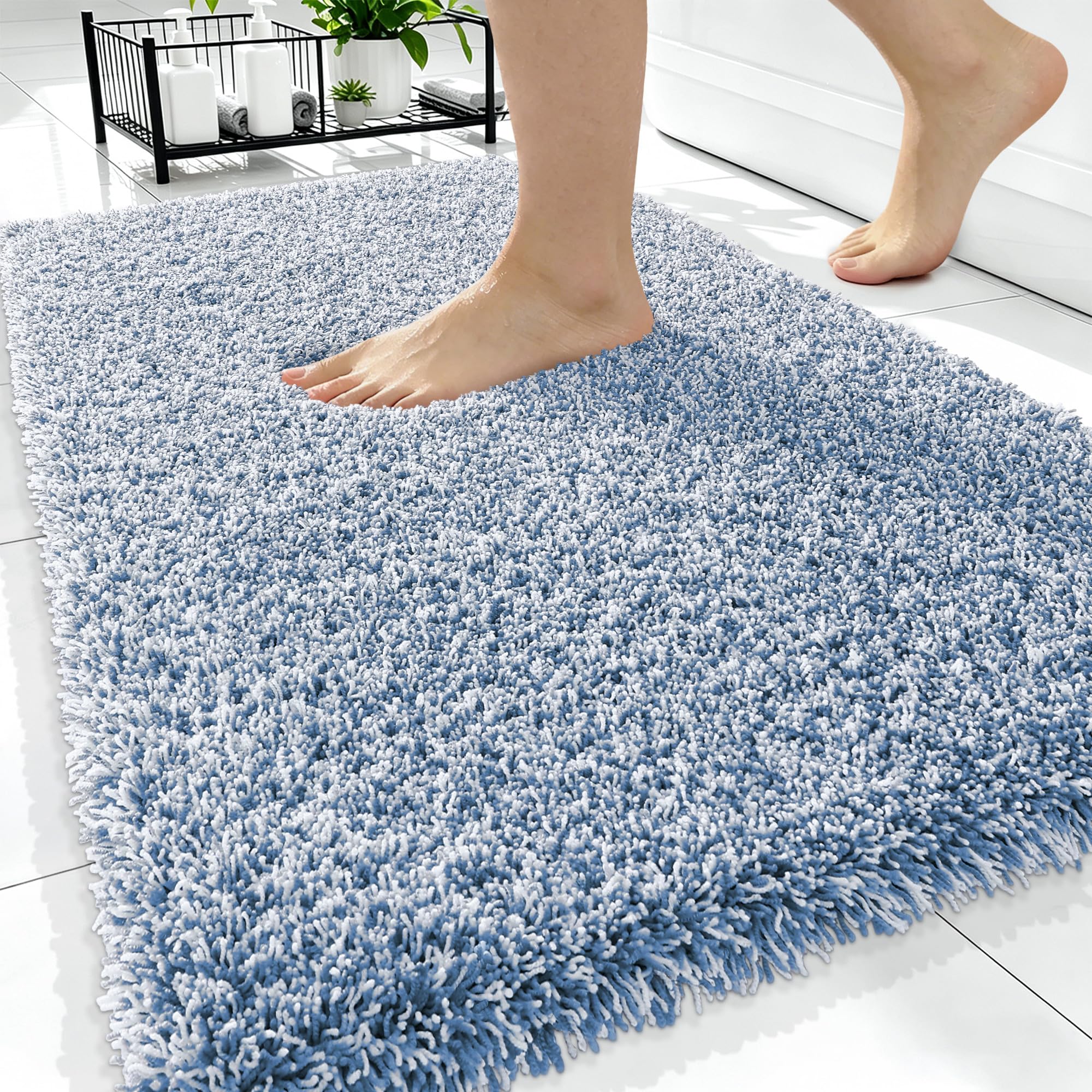 OLANLY Microfiber Soft Bathroom Rugs Mats 34x21, Cornflower Blue and White