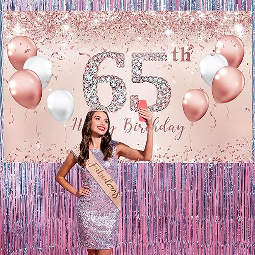Miniatura 6 de Trgowaul Juego de decoración de fiesta de cumpleaños 65 para mujer, pancarta y mantel de cumpleaños número 65 en oro rosa, banda y tiara fabulosas,