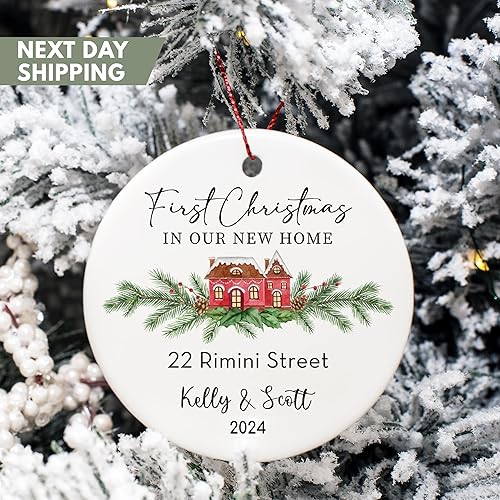New Home Ornament 2024, Personalized First Christmas Ornament with Names & Address, 3.75 in Round, Christmas Housewarming Gifts for Couples, Custom