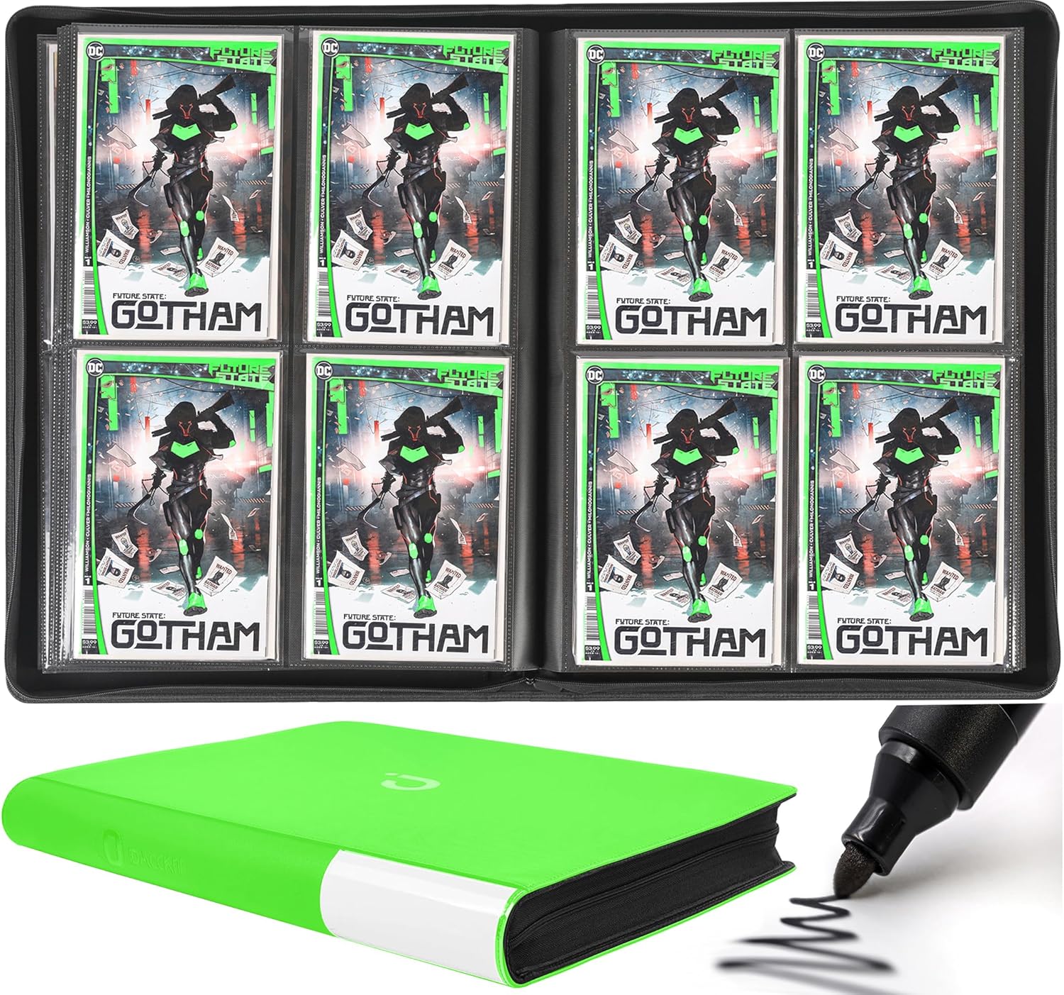 D DACCKIT Premium Comic Binder，Comic Book Album with Sleeves Fits Regular Comics and Comic Bagged and Boarded - Comic Storage Binder Holds 96 Comic Books（Model C，Brilliant Green）