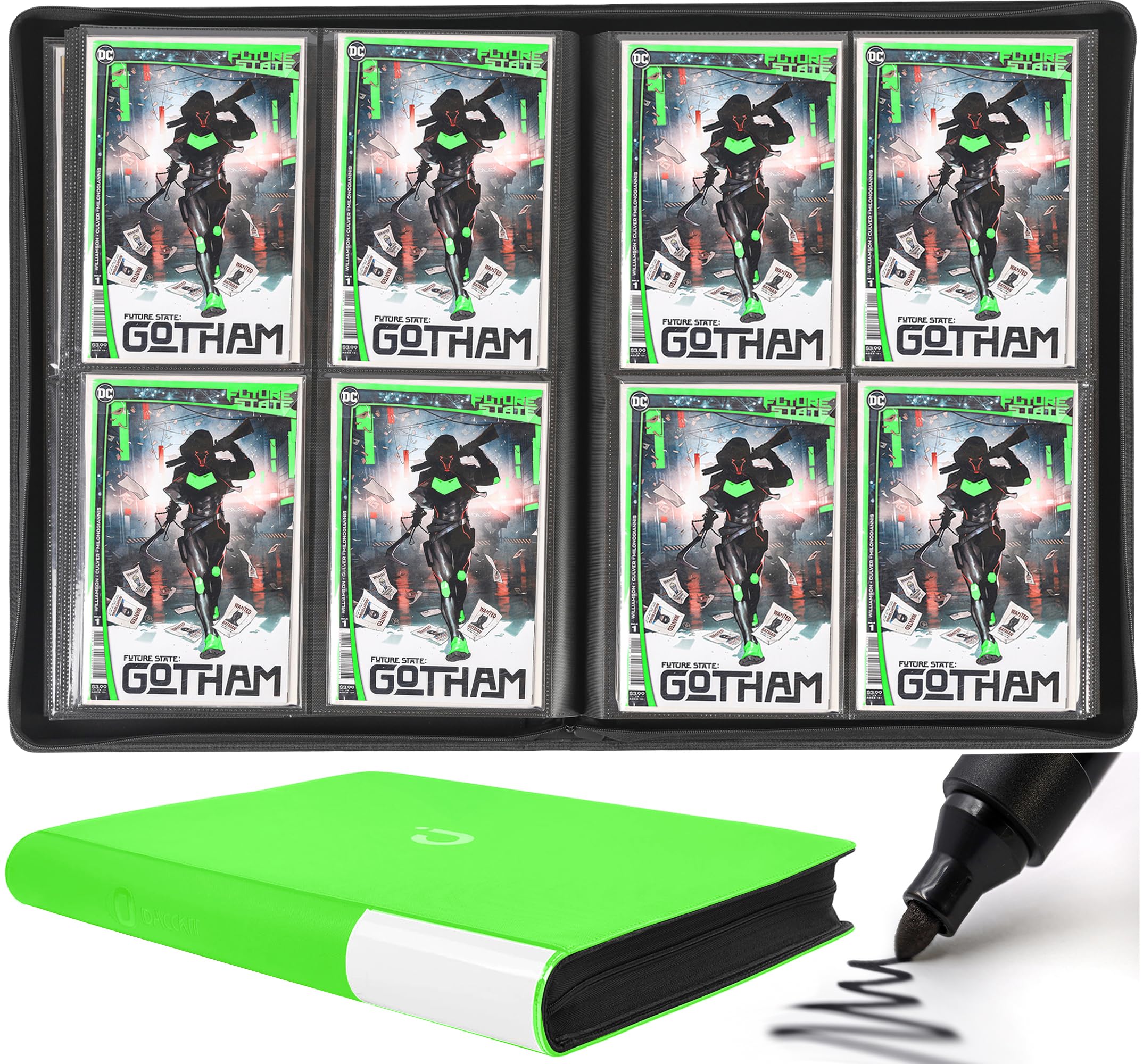 D DACCKIT Premium Comic Binder，Comic Book Album with Sleeves Fits Regular Comics and Comic Bagged and Boarded - Comic Storage Binder Holds 96 Comic Books（Model C，Brilliant Green）