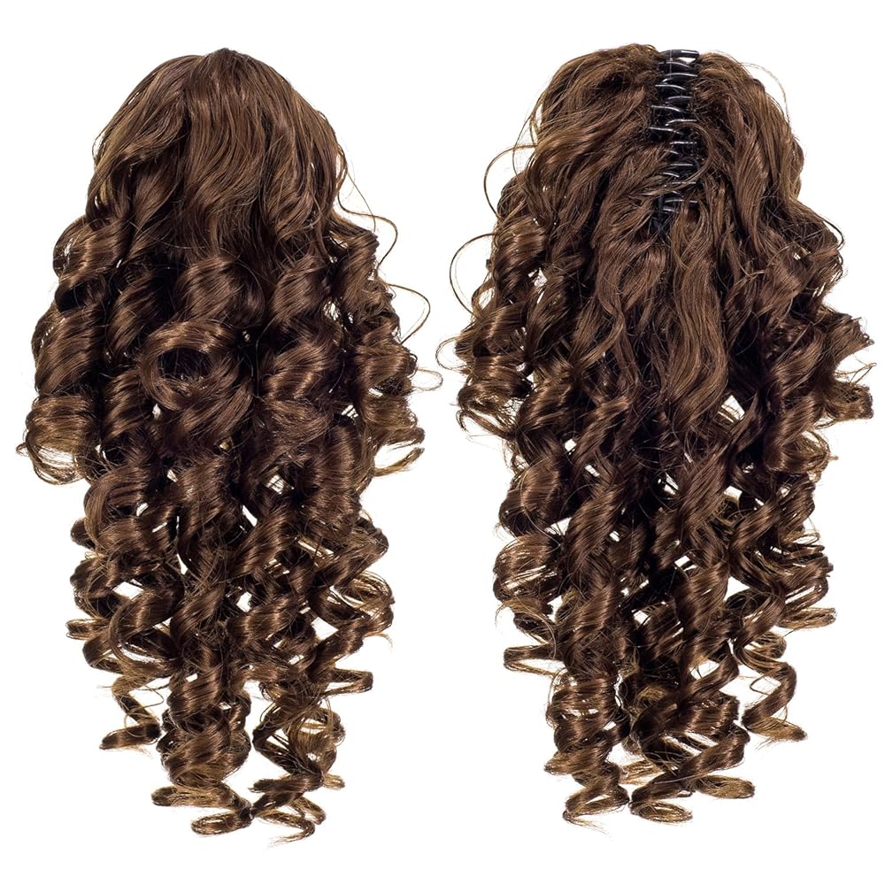 SWACC 12-Inch Short Screw Curls Claw Clip Ponytail Extensions Synthetic Clip in Drawstring Curly Ponytail Hairpiece Jaw Clip Hair Extension (Light Brown-12)
