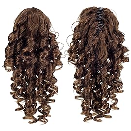 SWACC 12-Inch Short Screw Curls Claw Clip Ponytail Extensions Synthetic Clip in Drawstring Curly Ponytail Hairpiece Jaw Clip Hair Extension (Light Brown-12)