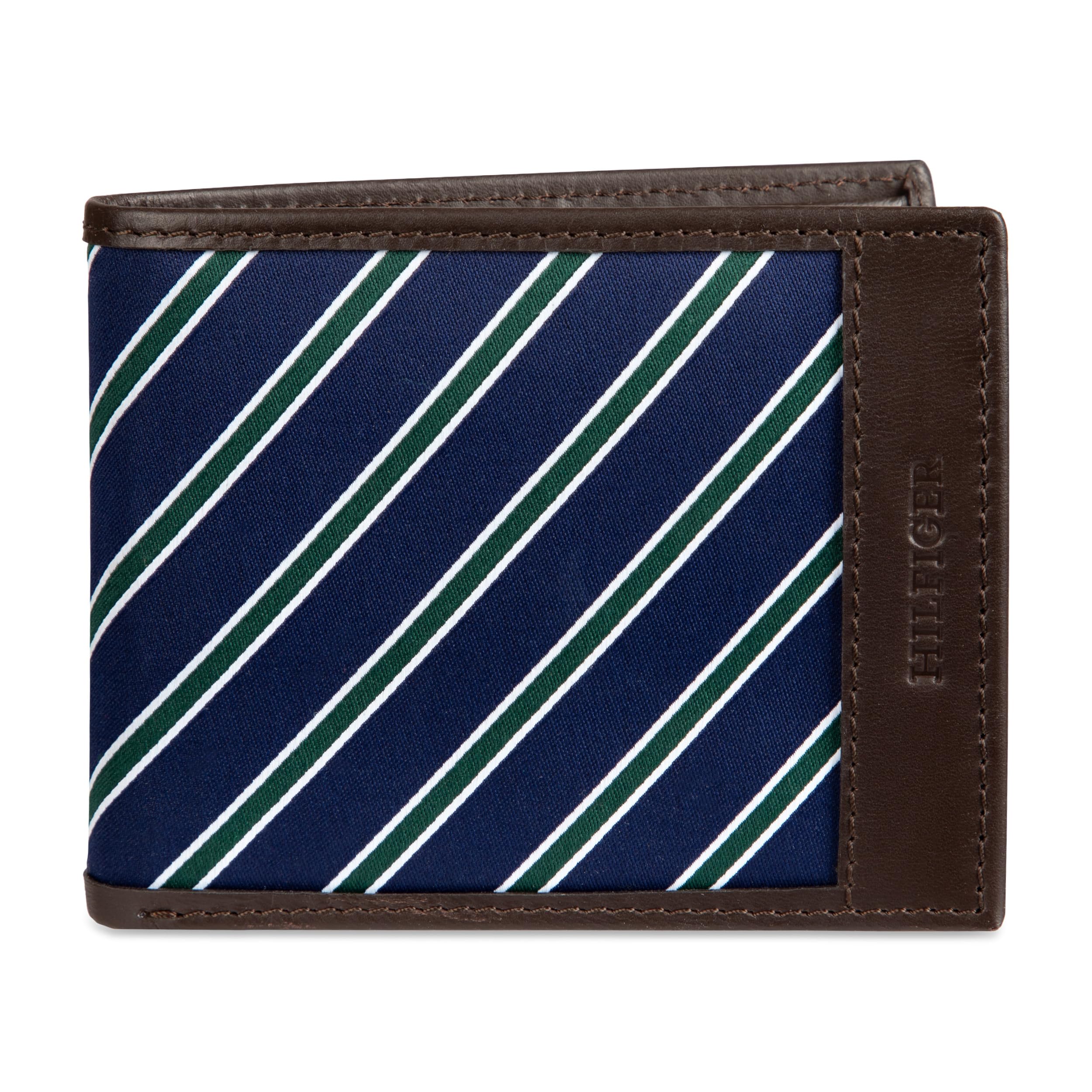 Tommy Hilfiger Men's RFID Classic Stripe Fabric Inlay Leather Wallet-Passcase, Trifold and Magnetic Front Pocket